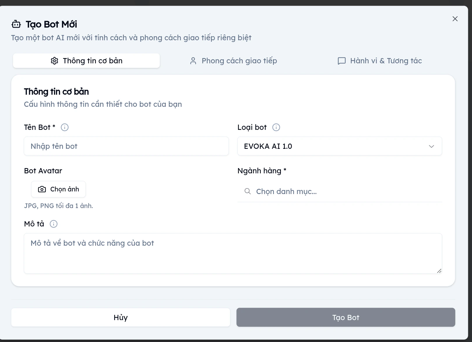 Dialog tạo bot mới trên EVOKA tab Thông tin cơ bản với các trường Tên Bot, Loại bot, Avatar, Ngành hàng và Mô tả
