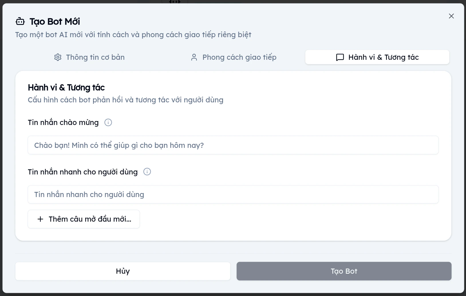 Tab Hành vi và Tương tác cho phép cấu hình tin nhắn chào mừng và tin nhắn nhanh gợi ý cho người dùng