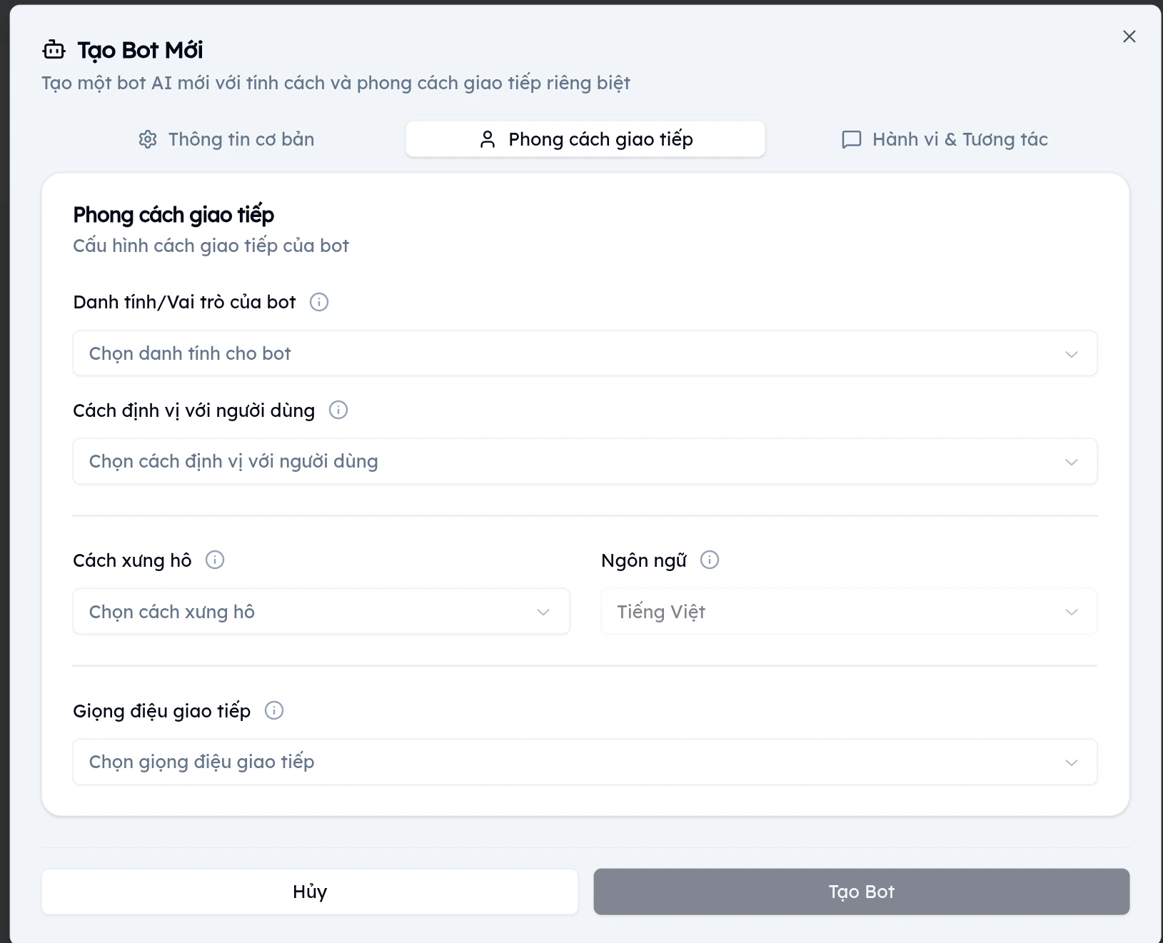 Tab Phong cách giao tiếp cho phép cấu hình danh tính, cách xưng hô, ngôn ngữ và giọng điệu của bot