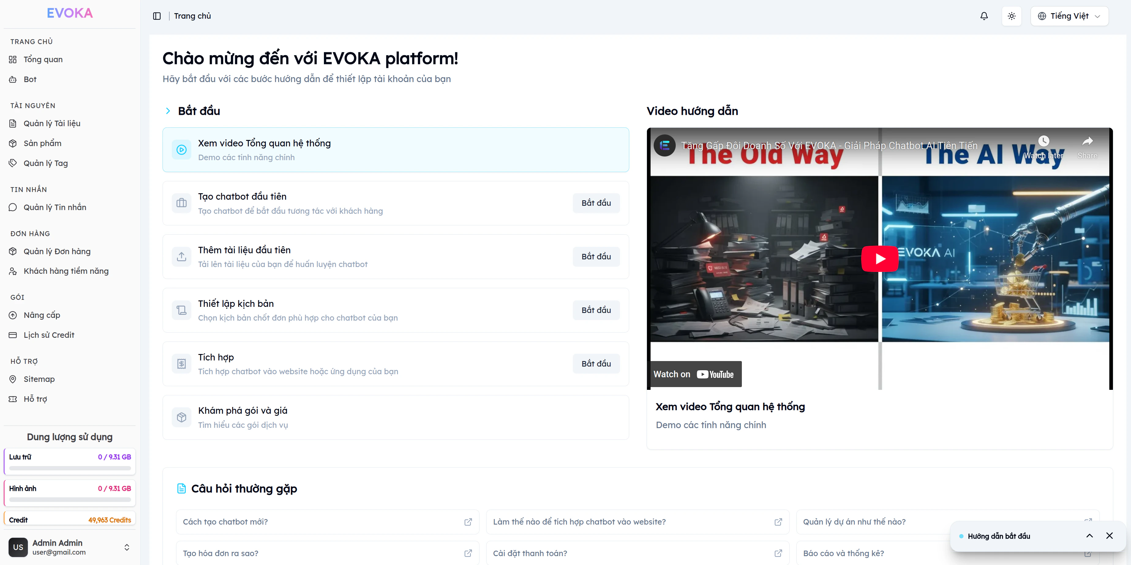 Trang onboarding EVOKA hiển thị 6 nhiệm vụ thiết lập chatbot đầu tiên kèm video hướng dẫn