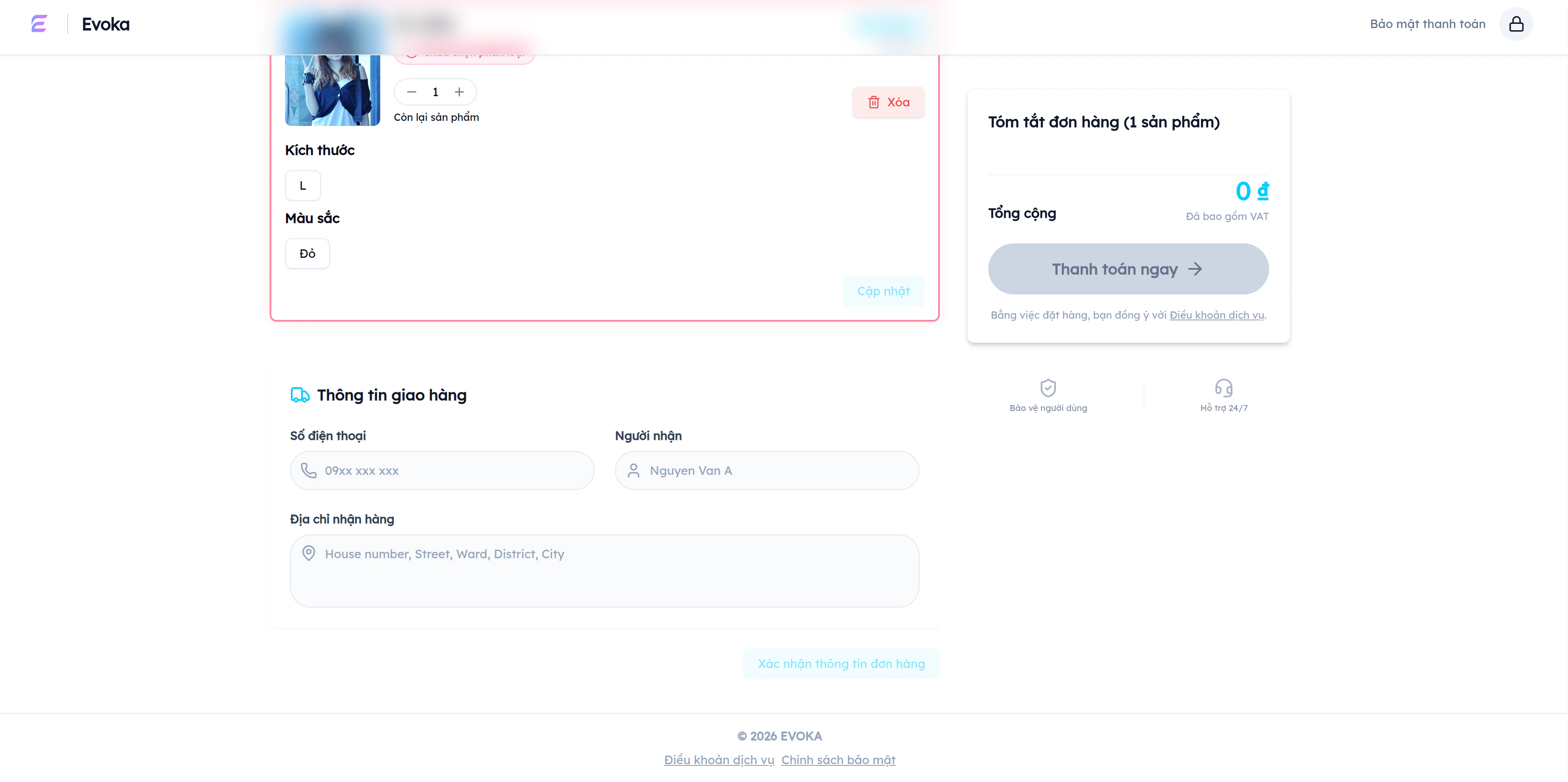 Form thông tin giao hàng EVOKA: nhập số điện thoại, người nhận, địa chỉ nhận hàng — nút Xác nhận thông tin đơn hàng, footer hiển thị Điều khoản dịch vụ và Chính sách bảo mật