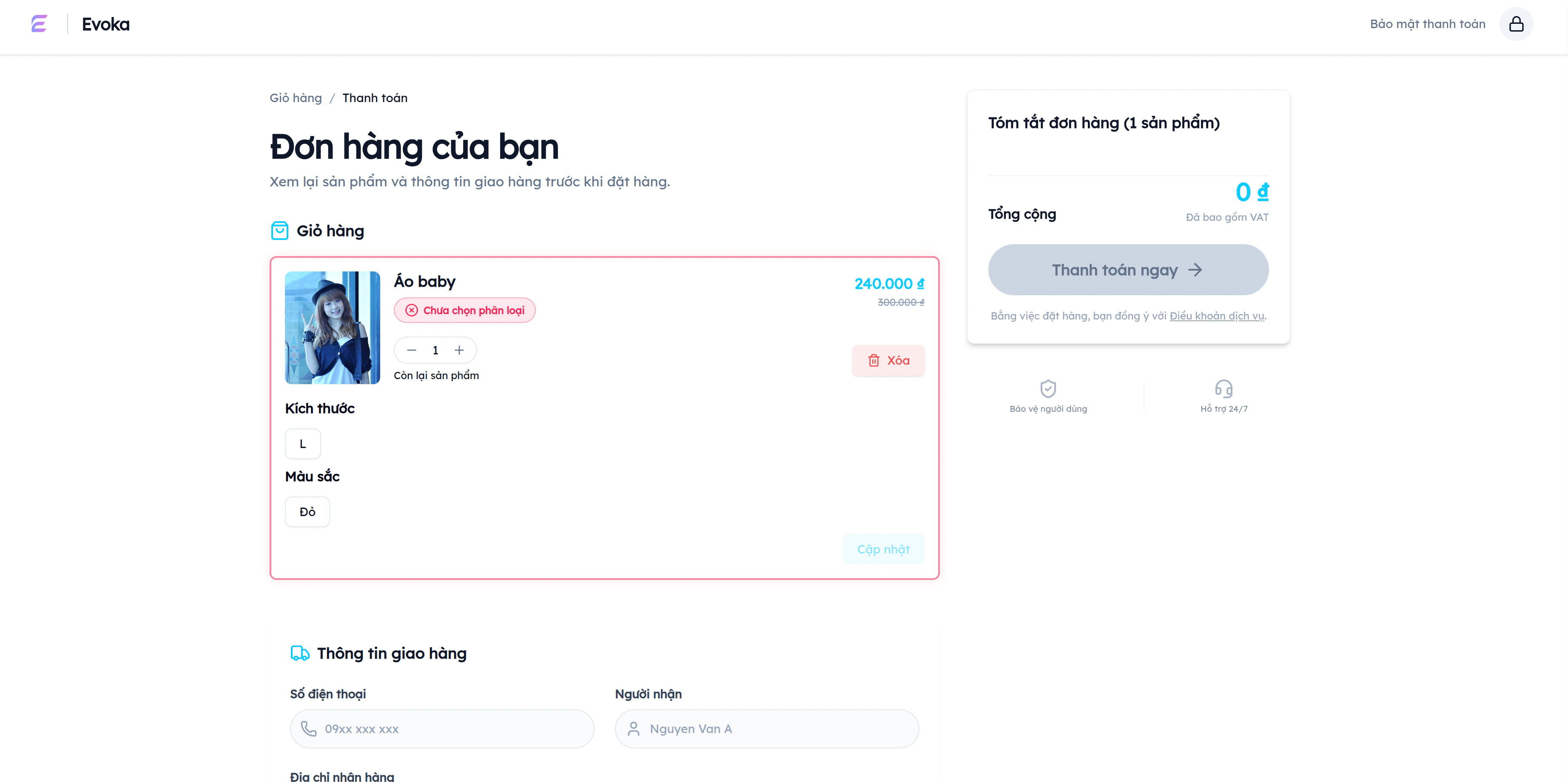 Trang checkout EVOKA: Áo baby 240.000đ (KM từ 300.000đ), kích thước L, màu Đỏ, số lượng 1 — Tóm tắt đơn hàng bên phải với nút Thanh toán ngay, Bảo vệ người dùng và Hỗ trợ 24/7