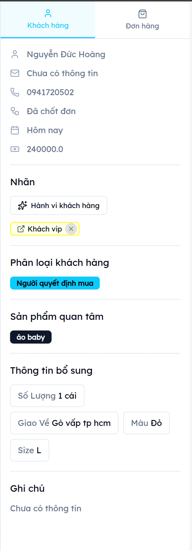 Panel khách hàng EVOKA: Nguyễn Đức Hoàng — SĐT 0941720502, trạng thái Đã chốt đơn, nhãn Khách vip, phân loại Người quyết định mua, SP quan tâm: áo baby, thông tin bổ sung: 1 cái, Gò Vấp TP HCM, Màu Đỏ, Size L