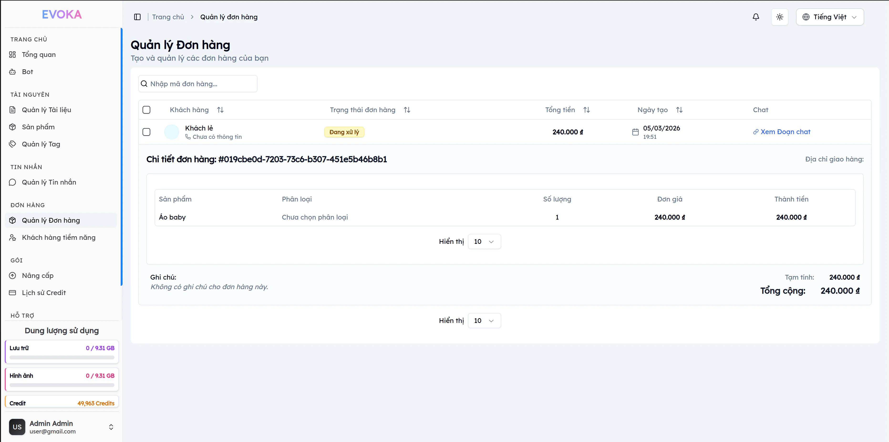 Chi tiết đơn hàng EVOKA: mã đơn hàng, sản phẩm Áo baby chưa chọn phân loại, số lượng 1, đơn giá 240.000đ, thành tiền 240.000đ — Ghi chú: Không có ghi chú, Tổng cộng 240.000đ