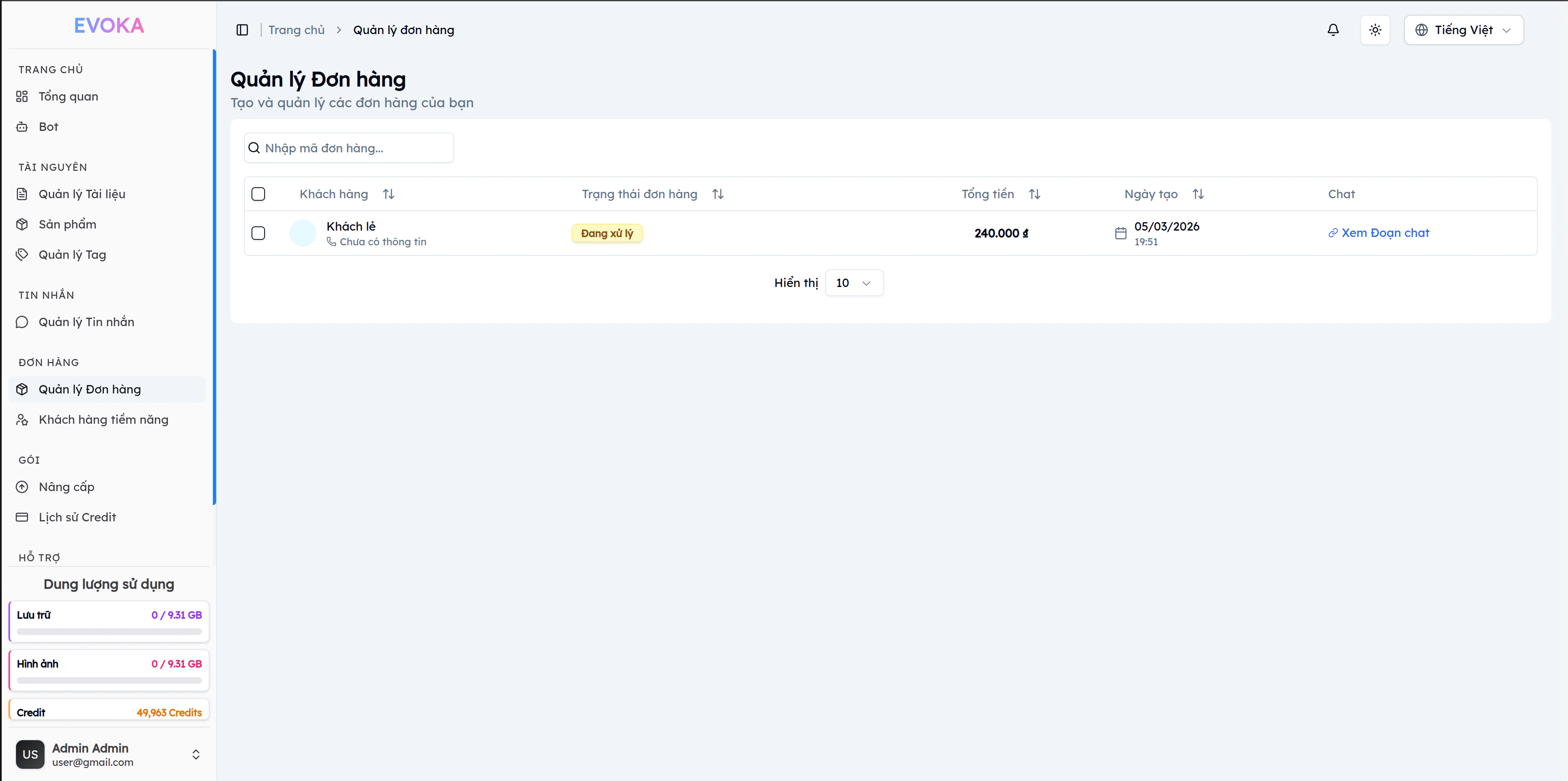 Trang quản lý đơn hàng EVOKA: đơn hàng Khách lê 240.000đ trạng thái Đang xử lý, ngày tạo 05/03/2026, link Xem Đoạn chat — thanh tìm kiếm theo mã đơn hàng