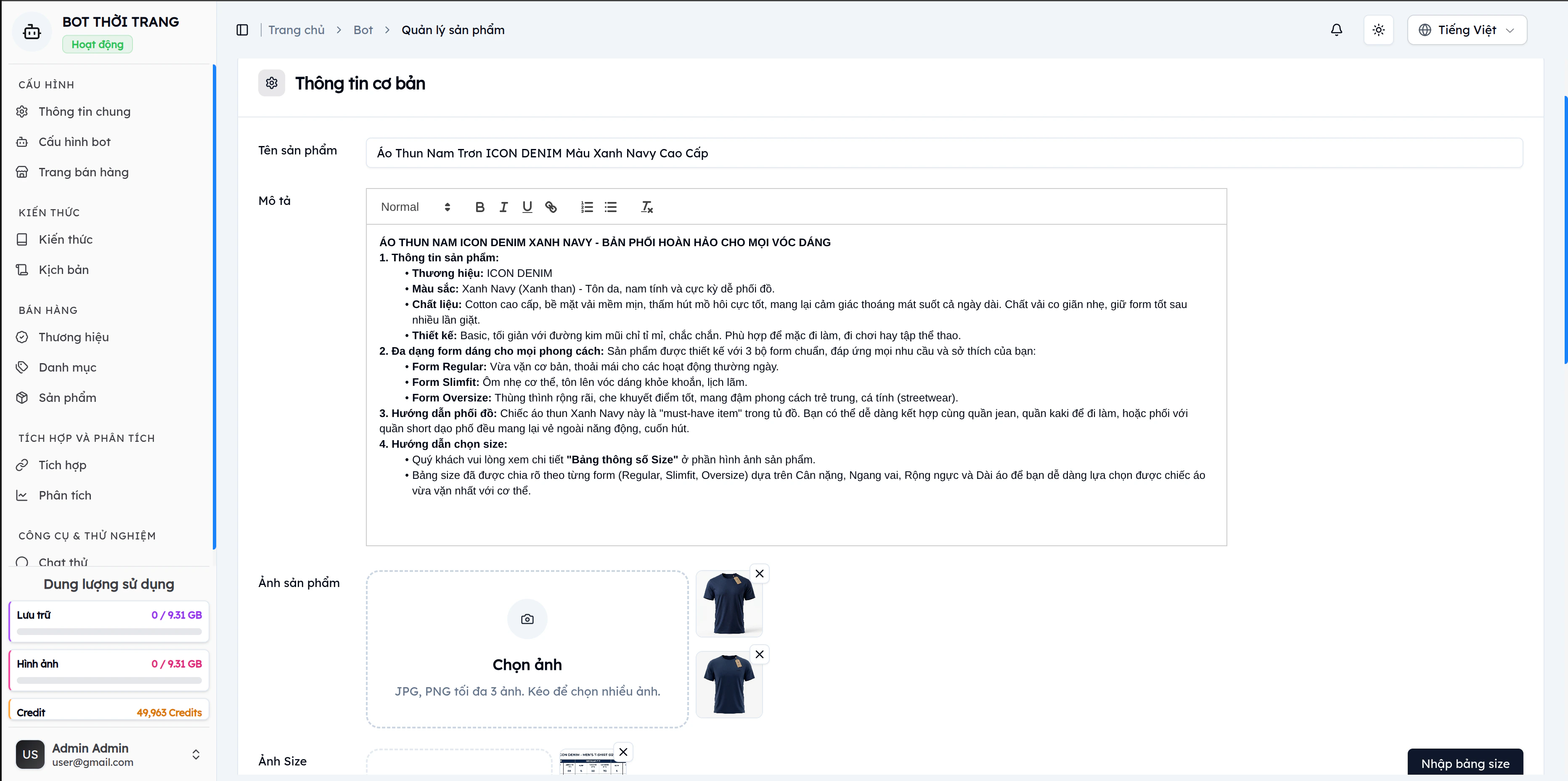 Form tạo sản phẩm EVOKA: card Thông tin cơ bản đã điền tên, mô tả chi tiết, 2 ảnh sản phẩm, 1 ảnh size chart