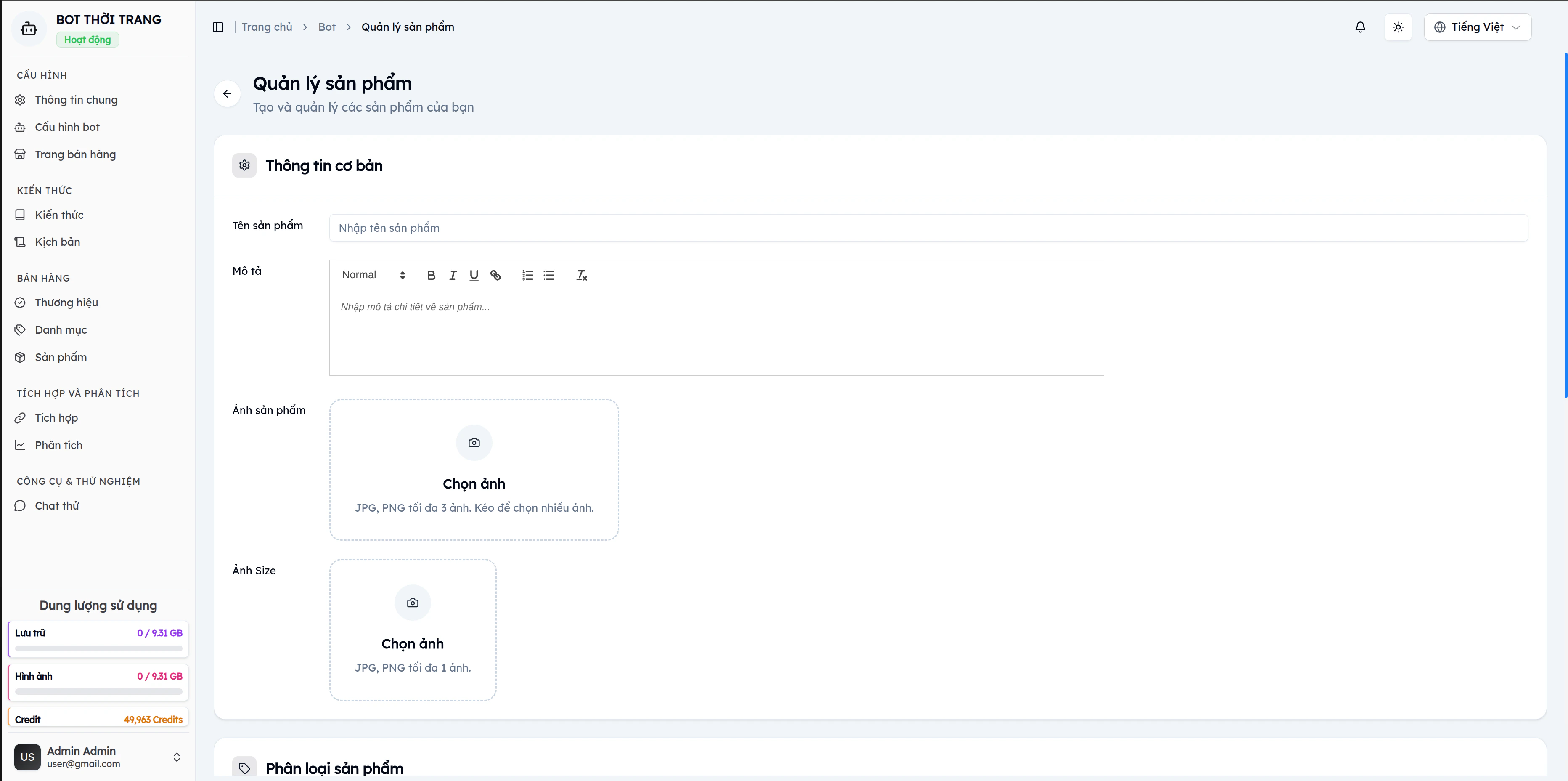 Form tạo sản phẩm EVOKA: card Thông tin cơ bản với trường tên, editor mô tả, upload ảnh sản phẩm và ảnh size chart