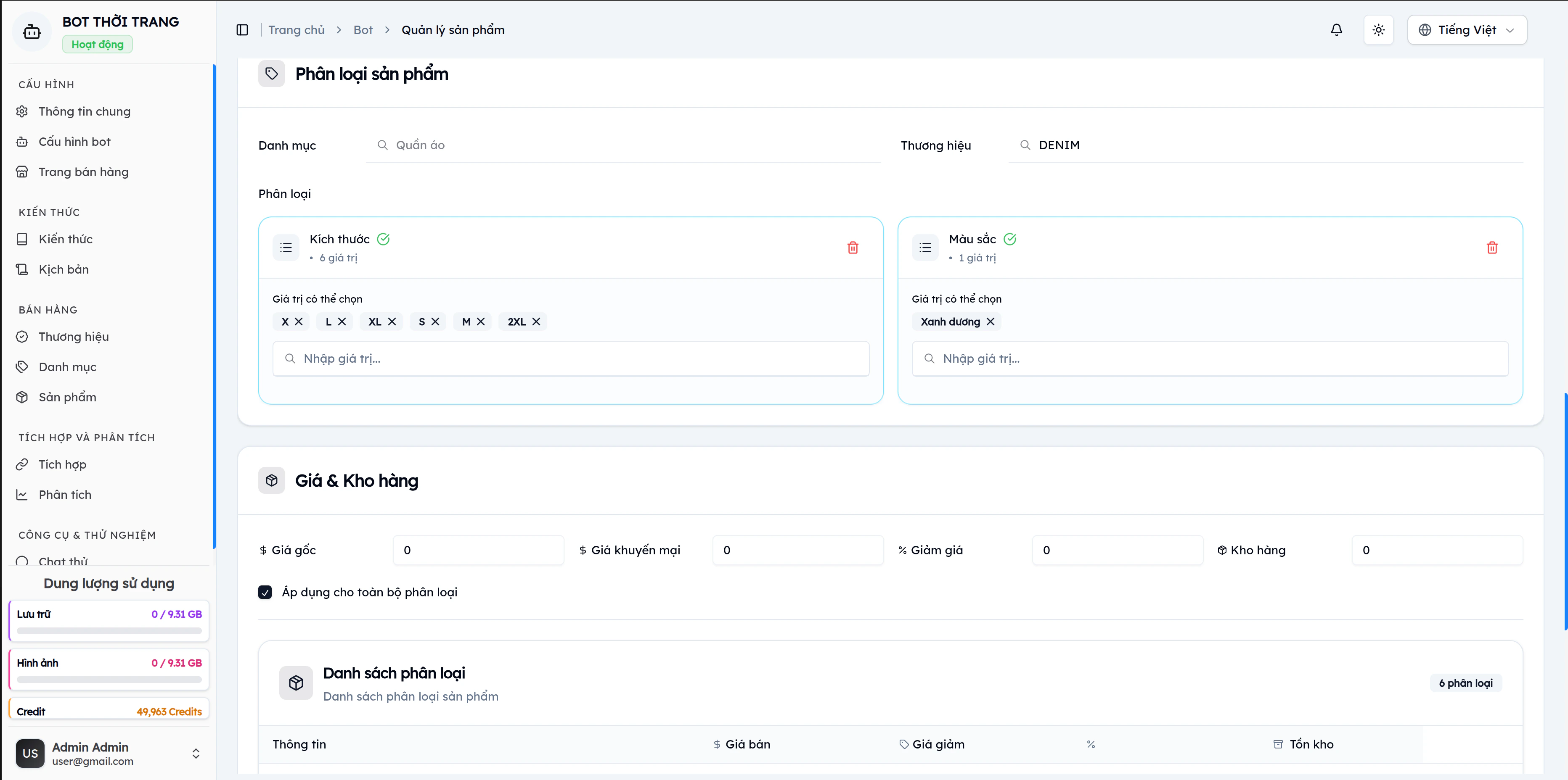 Form tạo sản phẩm EVOKA: card Phân loại với danh mục Quần áo, thương hiệu DENIM, thuộc tính Kích thước (X, L, XL, S, M, 2XL) và Màu sắc (Xanh dương)