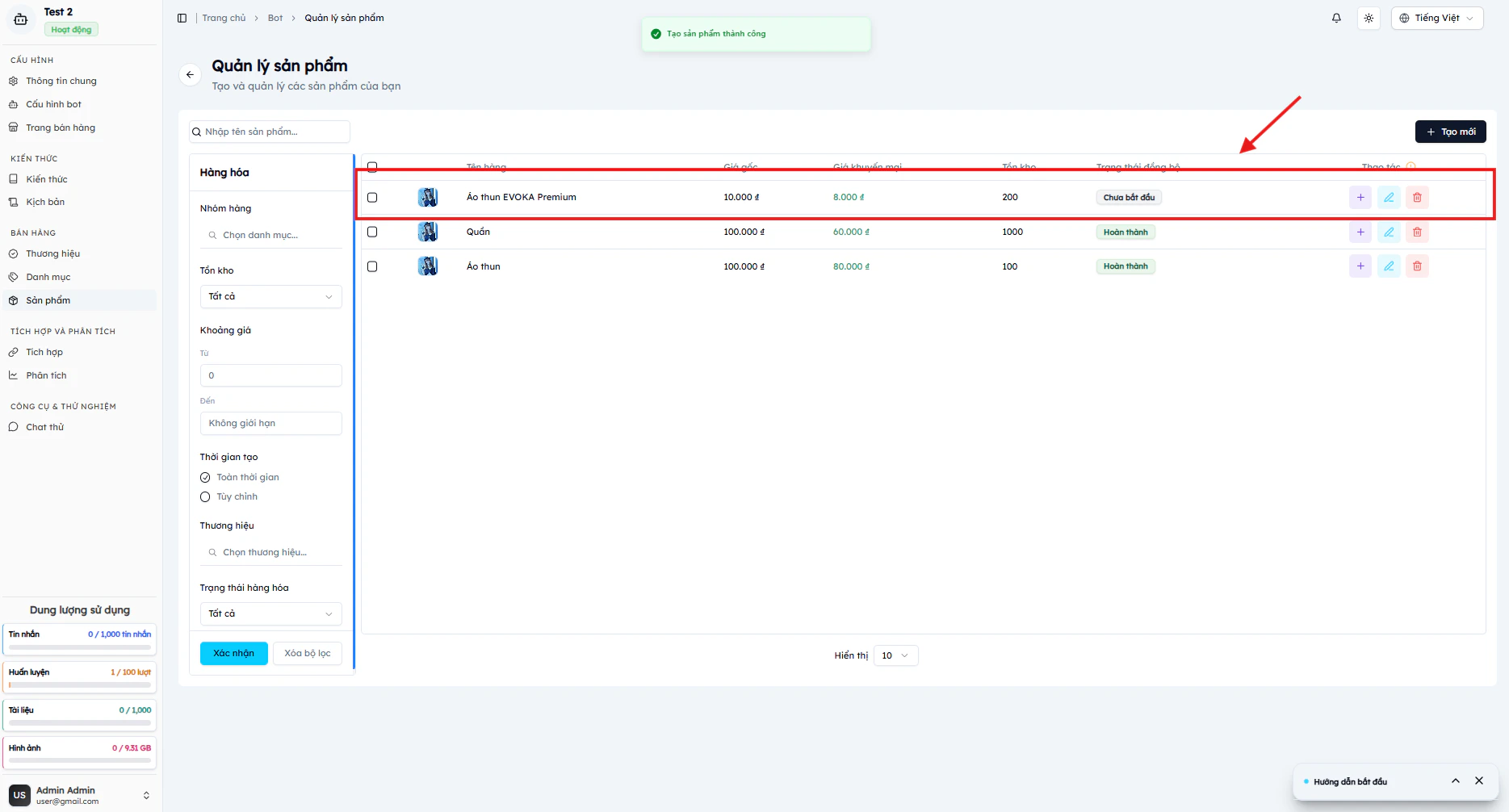 Trang chỉnh sửa sản phẩm EVOKA với 3 card: Thông tin cơ bản, Giá & Kho hàng, Phân loại