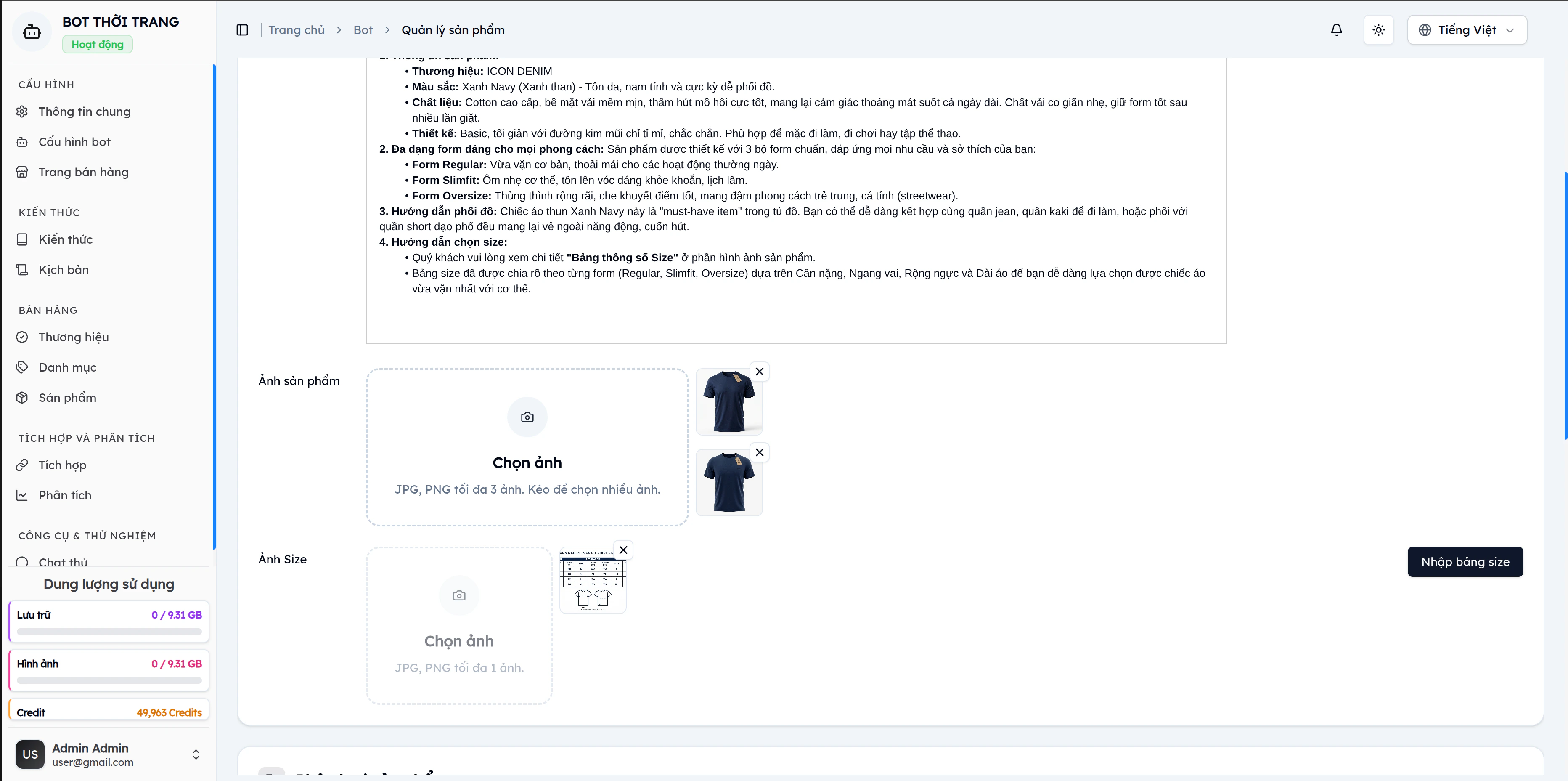 Khu vực upload ảnh sản phẩm (tối đa 3 ảnh JPG/PNG) và ảnh bảng kích thước (tối đa 1 ảnh)