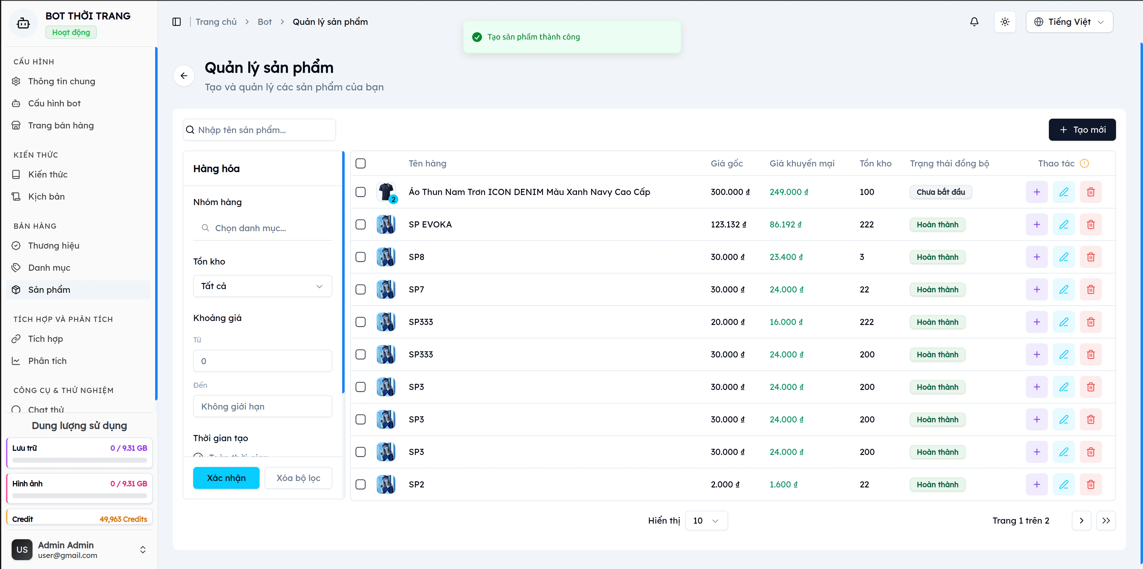 Danh sách sản phẩm EVOKA sau khi tạo thành công: hiển thị toast 'Tạo sản phẩm thành công' với bộ lọc nhóm hàng, tồn kho, khoảng giá