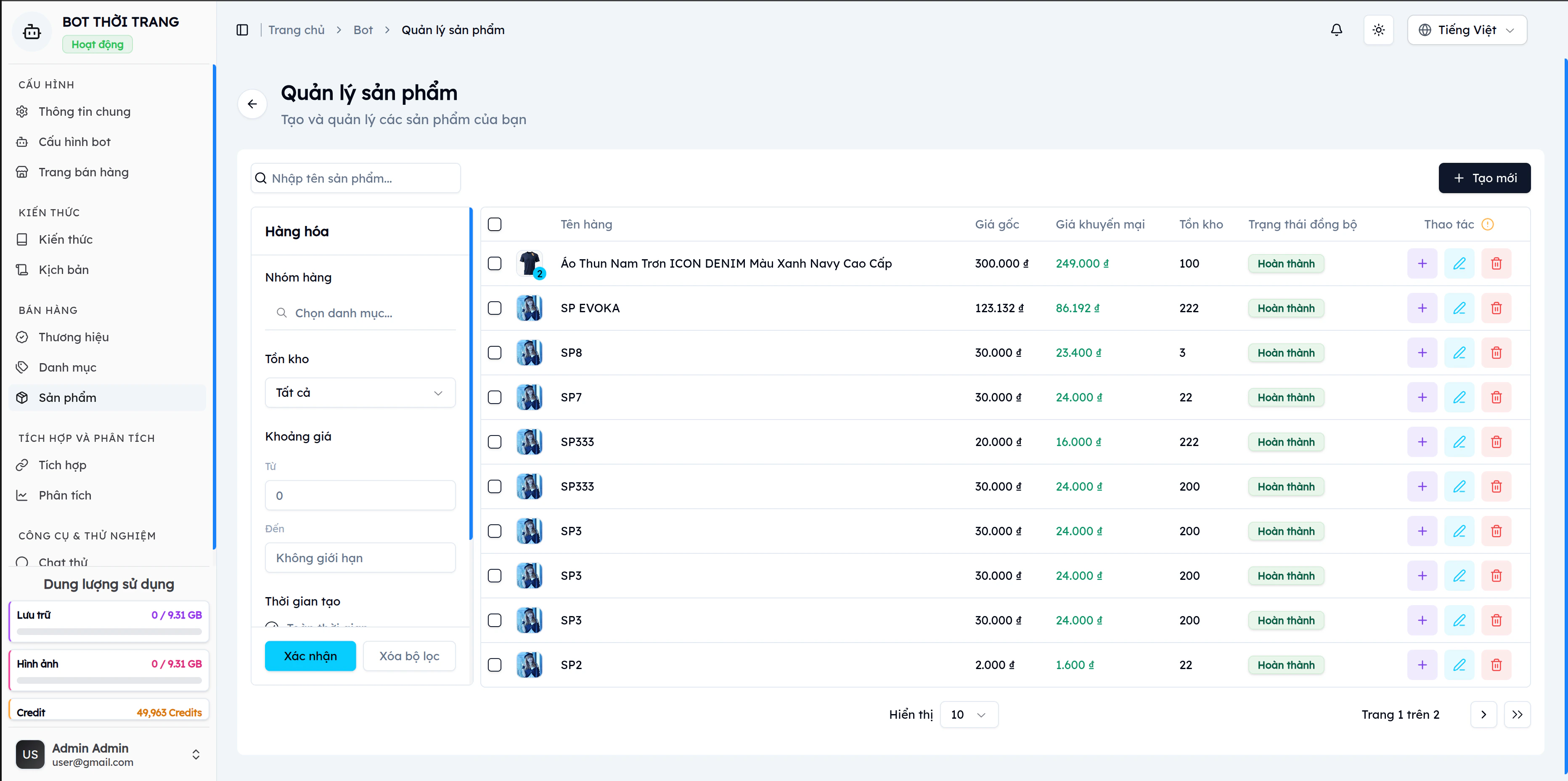 Bảng danh sách sản phẩm EVOKA: Áo Thun Nam ICON DENIM 300.000đ/249.000đ đồng bộ Hoàn thành, kèm filter panel lọc theo nhóm hàng, tồn kho, khoảng giá, thời gian tạo