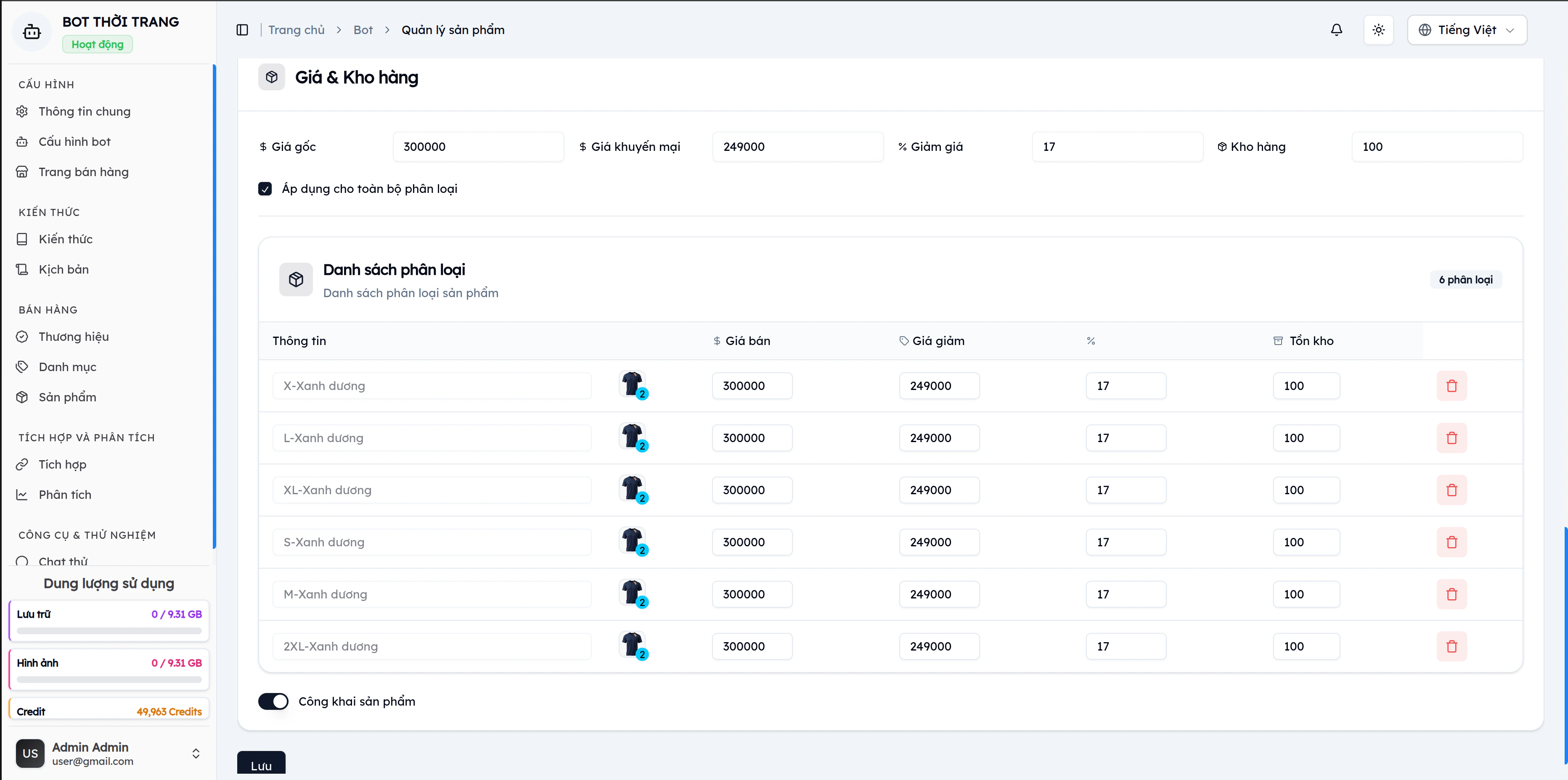 Form tạo sản phẩm EVOKA: card Giá & Kho hàng với giá gốc 300.000đ, giá KM 249.000đ, giảm 17%, kho 100 — danh sách 6 phân loại theo kích thước và màu sắc