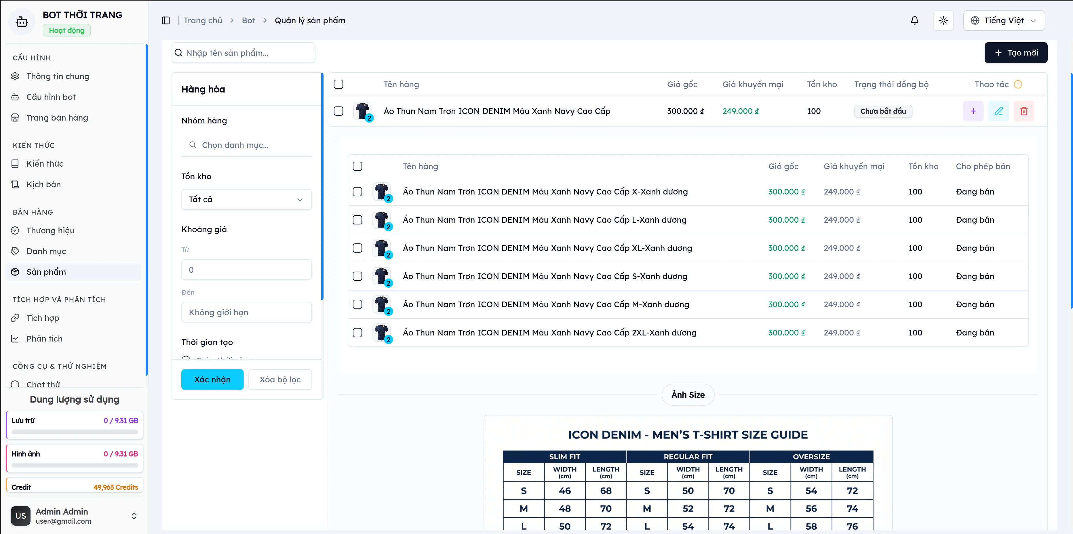 Quản lý biến thể sản phẩm EVOKA: 6 biến thể Áo Thun Nam ICON DENIM theo kích thước (S–2XL) × màu Xanh dương, giá gốc 300.000đ, KM 249.000đ, tồn kho 100, kèm bảng size Slim Fit / Regular Fit / Oversize