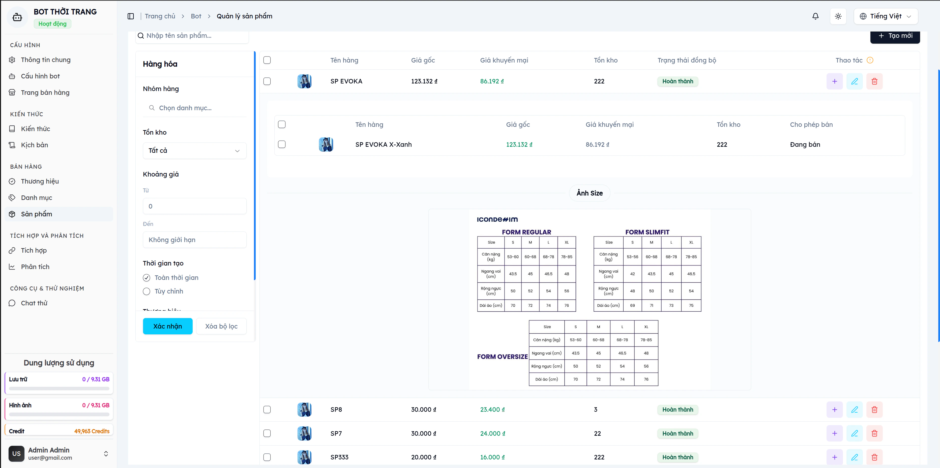 Danh sách biến thể sản phẩm mở rộng trong EVOKA: hiển thị tên biến thể, giá gốc, giá KM, tồn kho, trạng thái cho phép bán và ảnh bảng size