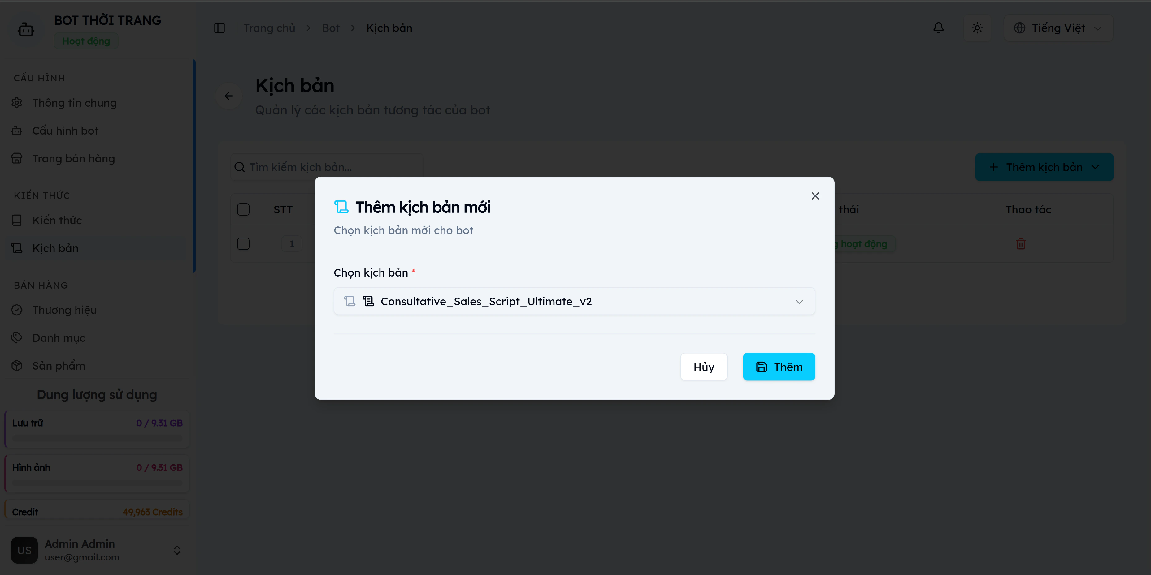 Hộp thoại Thêm kịch bản mới trên EVOKA — dropdown chọn kịch bản mẫu Consultative_Sales_Script_Ultimate_v2 và nút Thêm