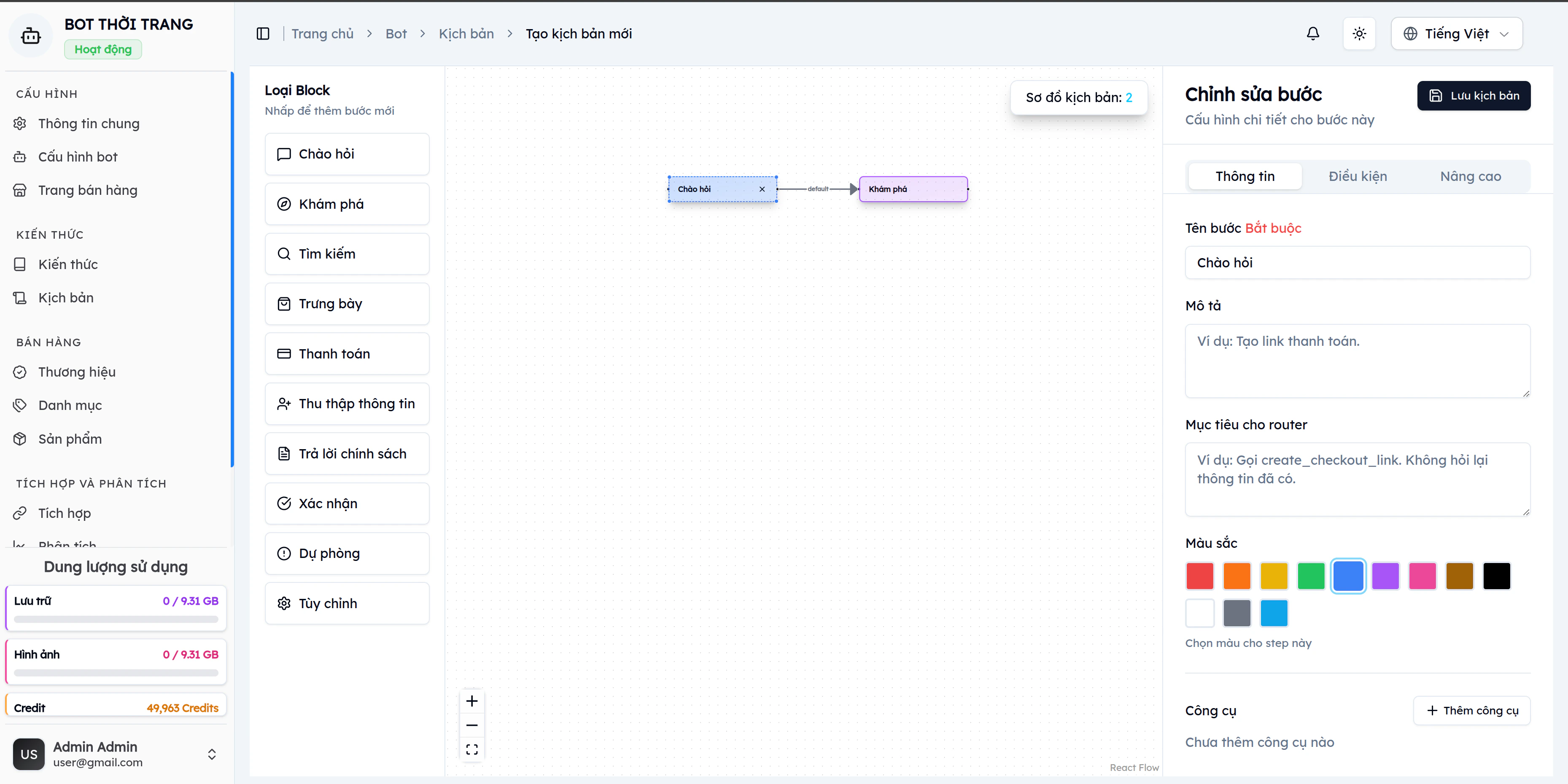 Giao diện thiết kế kịch bản EVOKA dạng sơ đồ luồng với panel 10 loại block bên trái, sơ đồ Chào hỏi → Khám phá ở giữa, và panel chỉnh sửa bước bên phải