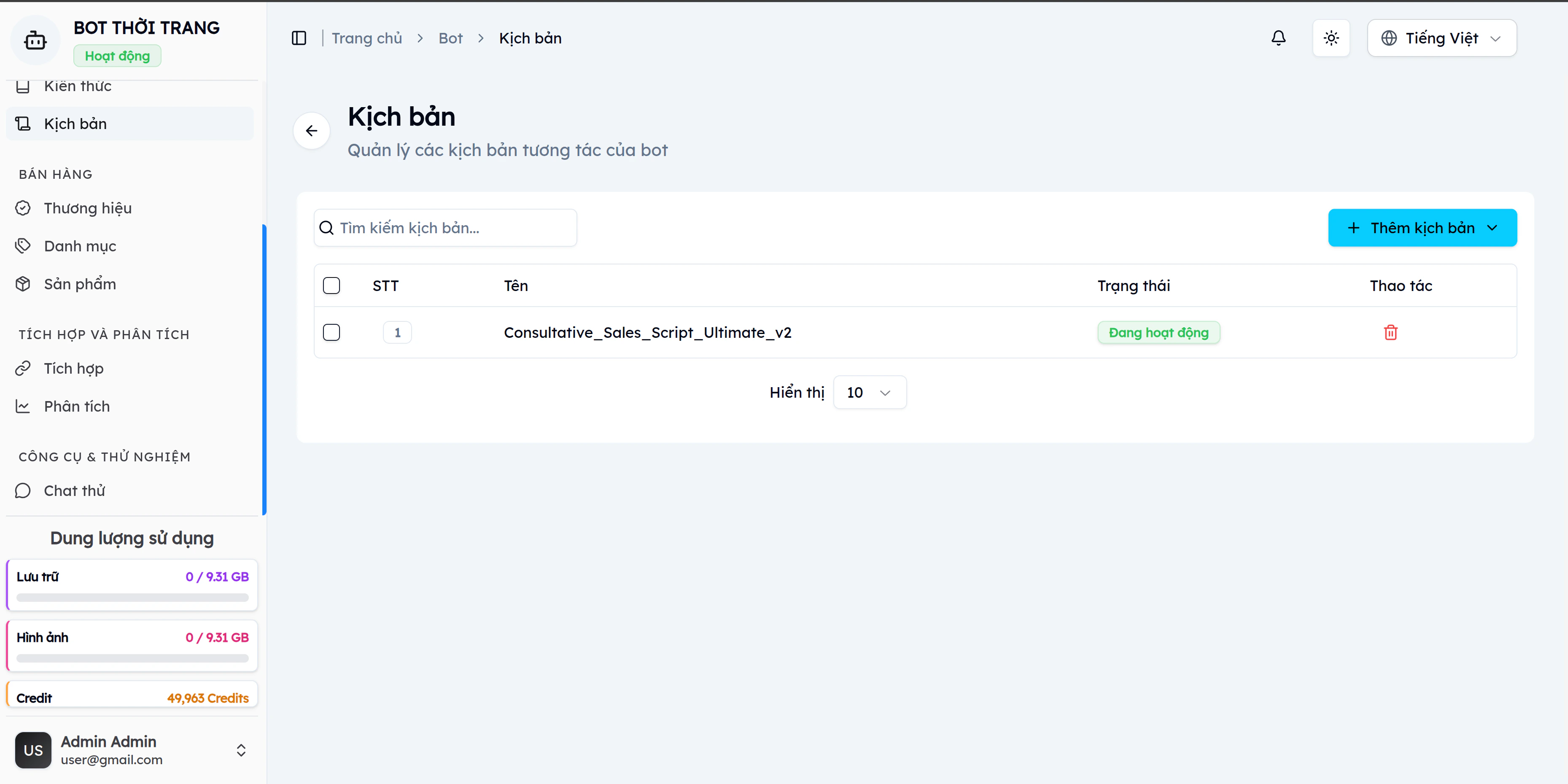 Trang quản lý kịch bản EVOKA hiển thị danh sách kịch bản Consultative_Sales_Script_Ultimate_v2 đang hoạt động, sidebar với menu Kiến thức, Kịch bản, Bán hàng