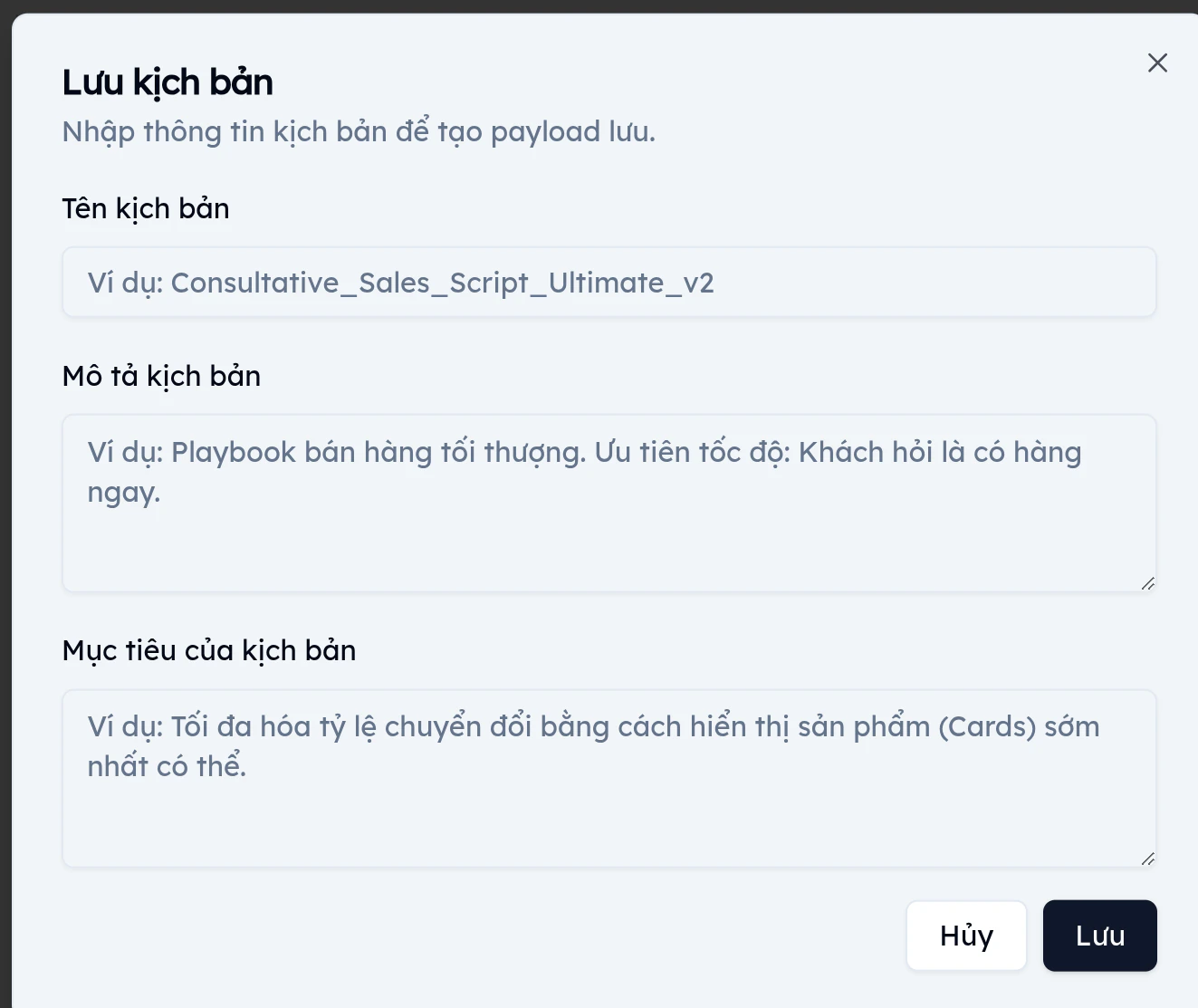 Hộp thoại Lưu kịch bản EVOKA: nhập tên kịch bản, mô tả playbook bán hàng và mục tiêu tối đa hóa tỷ lệ chuyển đổi