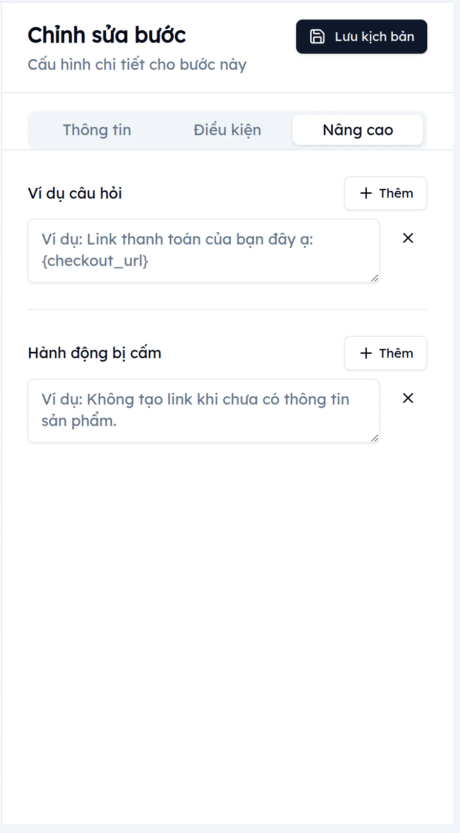 Tab Nâng cao trong panel chỉnh sửa bước EVOKA: ví dụ câu hỏi 'Link thanh toán của bạn đây ạ: {checkout_url}' và hành động bị cấm 'Không tạo link khi chưa có thông tin sản phẩm'