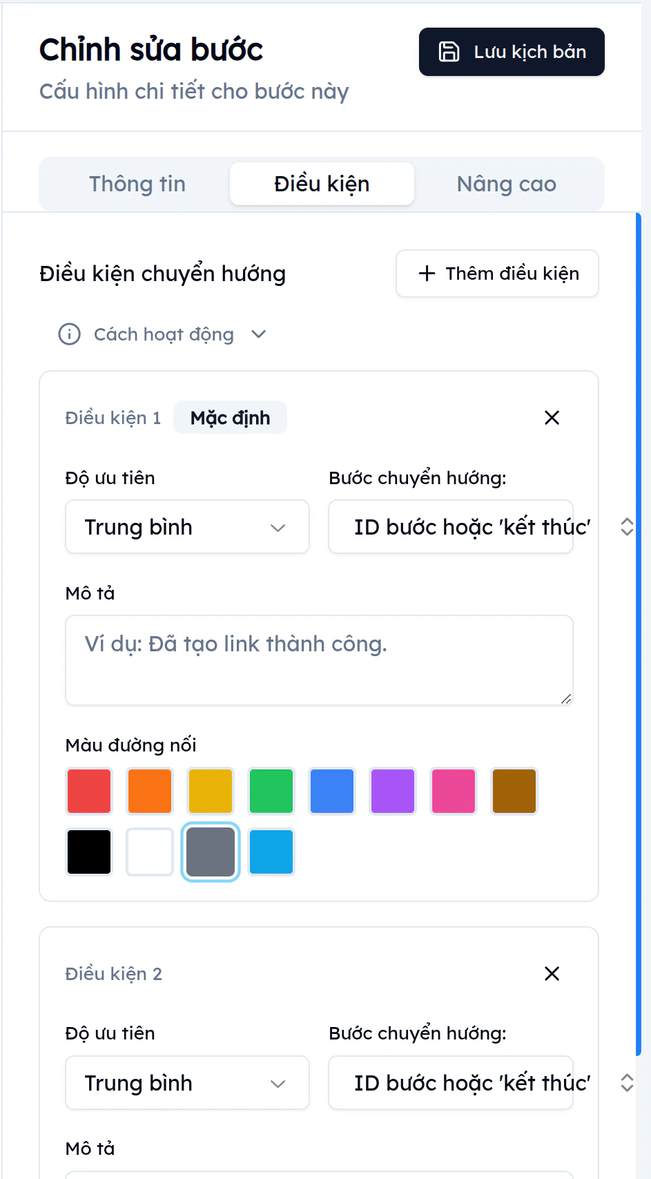 Tab Điều kiện với 2 điều kiện chuyển hướng: Điều kiện 1 Mặc định và Điều kiện 2, mỗi điều kiện có độ ưu tiên và bước chuyển hướng riêng