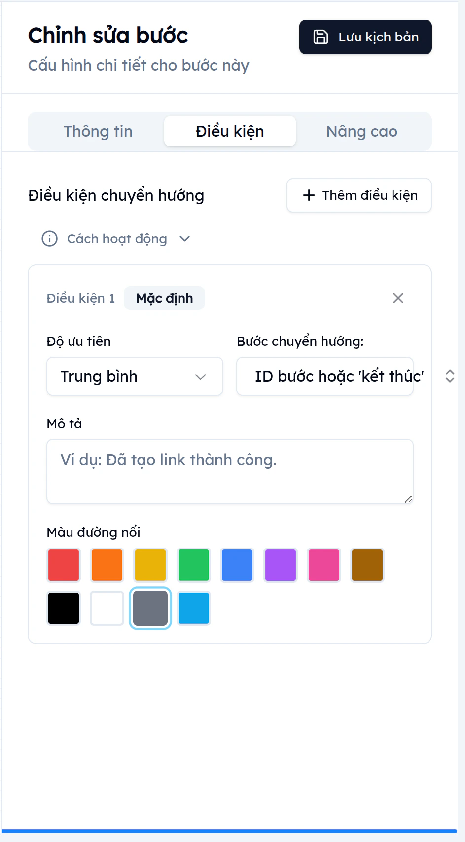 Tab Điều kiện trong panel chỉnh sửa bước EVOKA: điều kiện chuyển hướng với độ ưu tiên Trung bình, bước chuyển hướng, mô tả và màu đường nối
