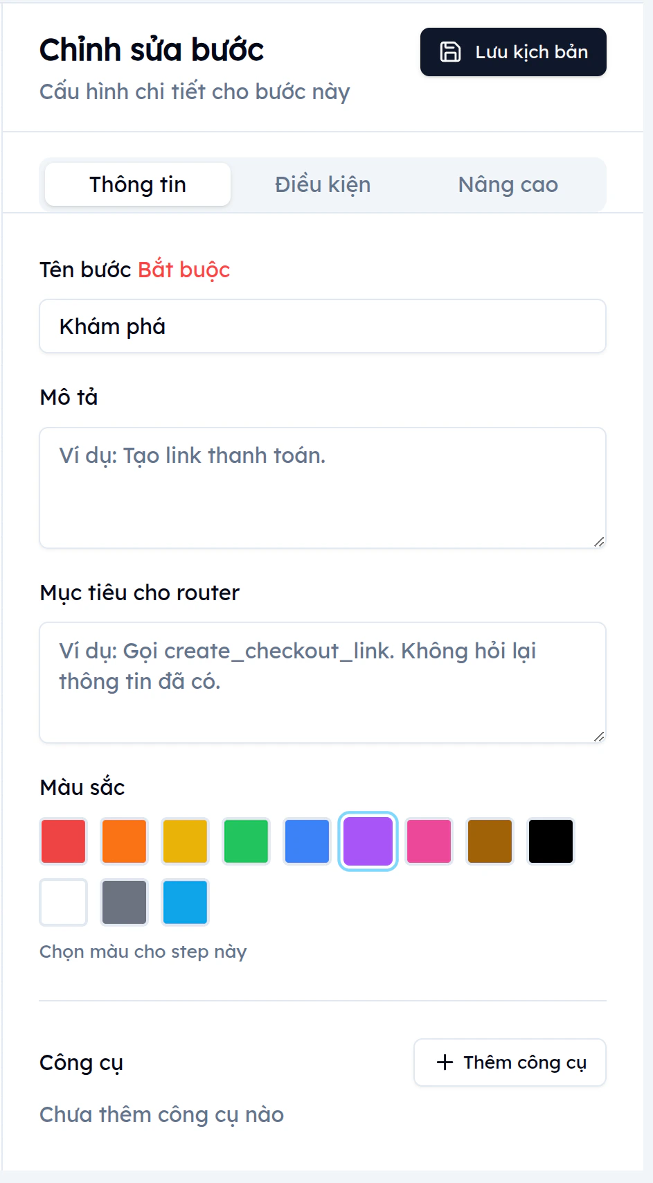 Tab Thông tin trong panel chỉnh sửa bước EVOKA: tên bước Khám phá, mô tả, mục tiêu cho router, bảng màu 12 màu và mục công cụ