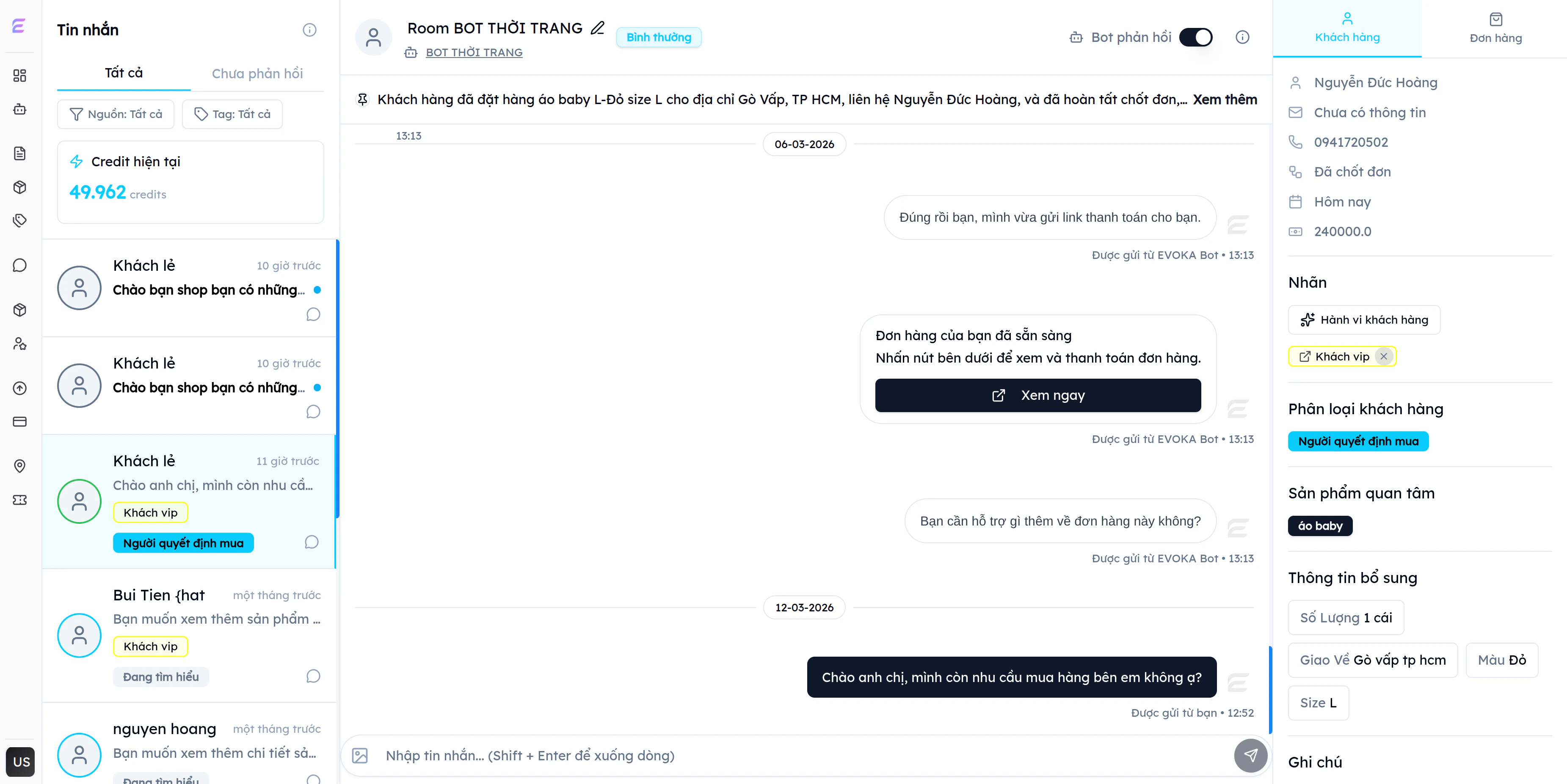 Toggle Bot phản hồi đang bật trong phiên chat