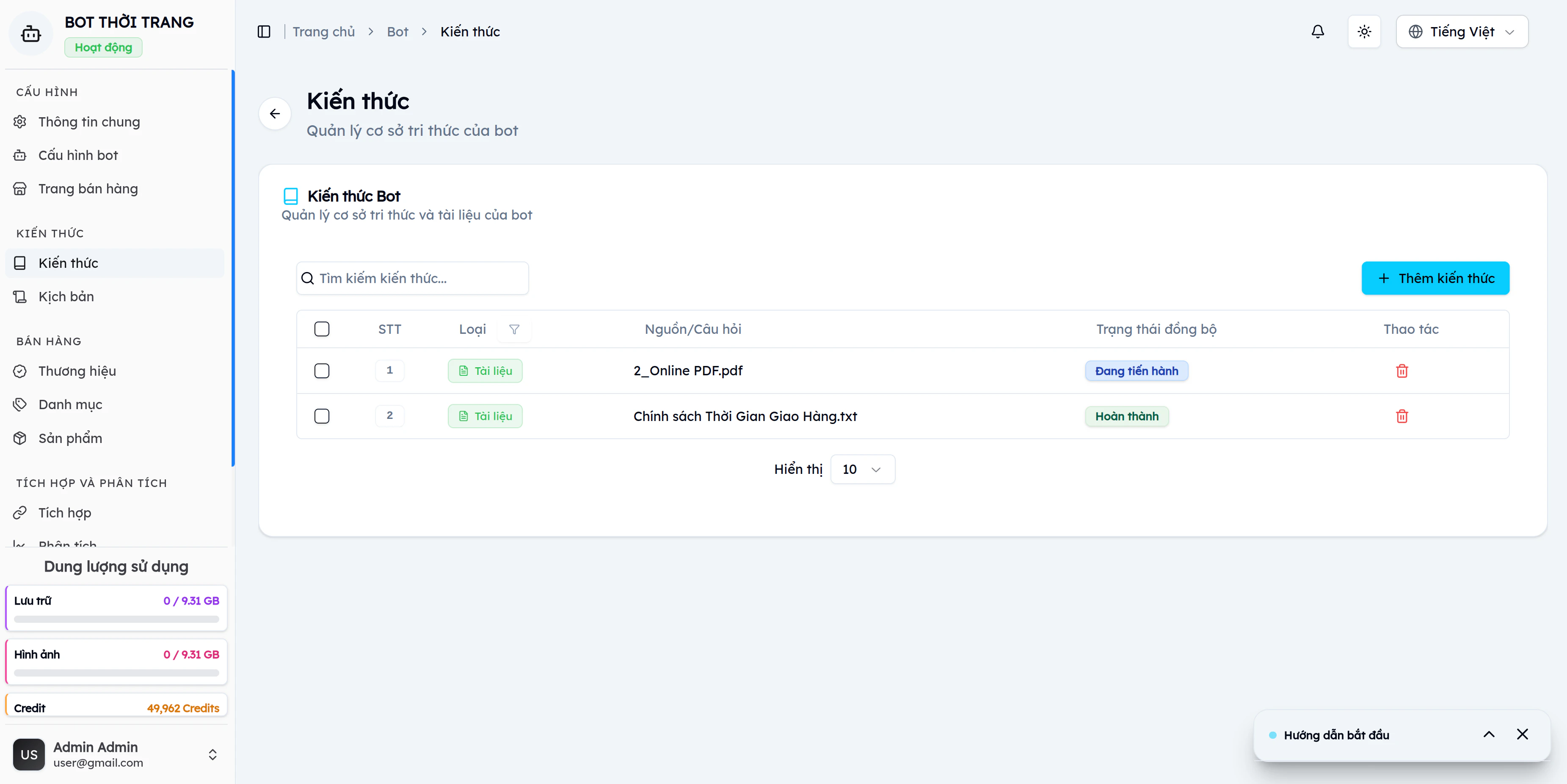 Kiến thức hiển thị trạng thái Đang tiến hành và Hoàn thành