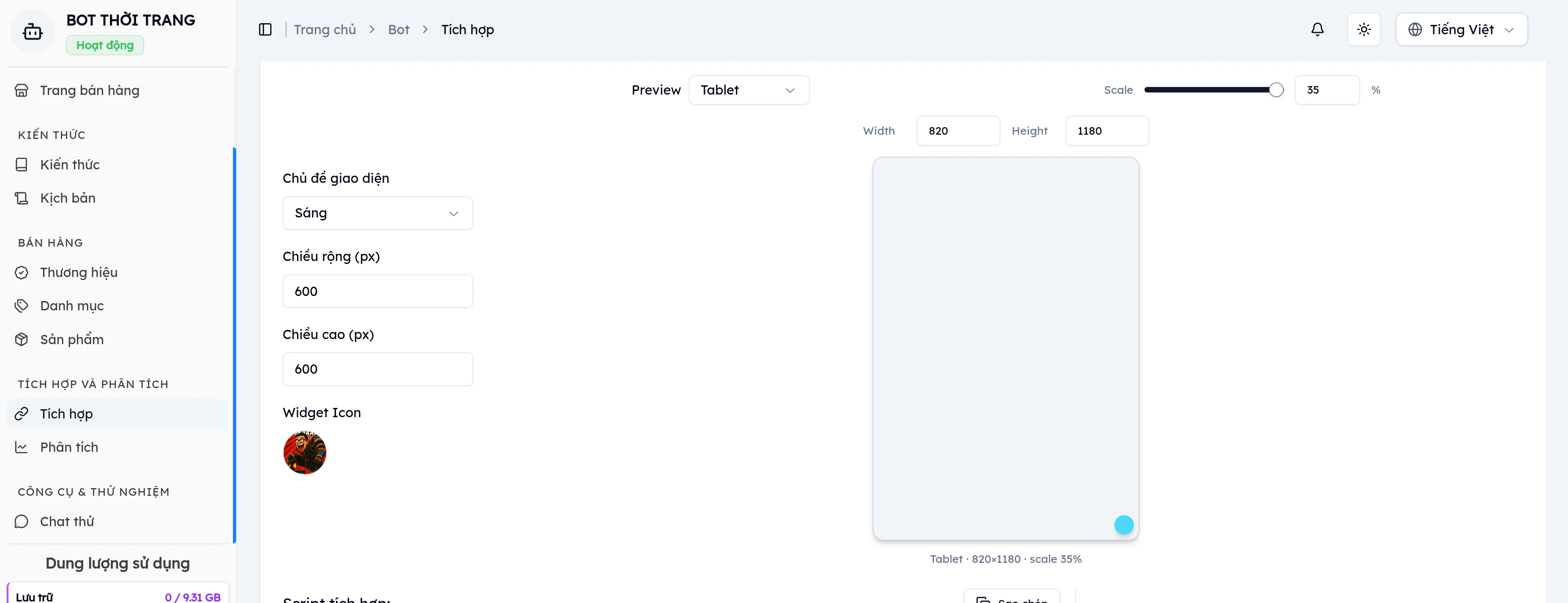 Trang Tích hợp — preview widget và script nhúng