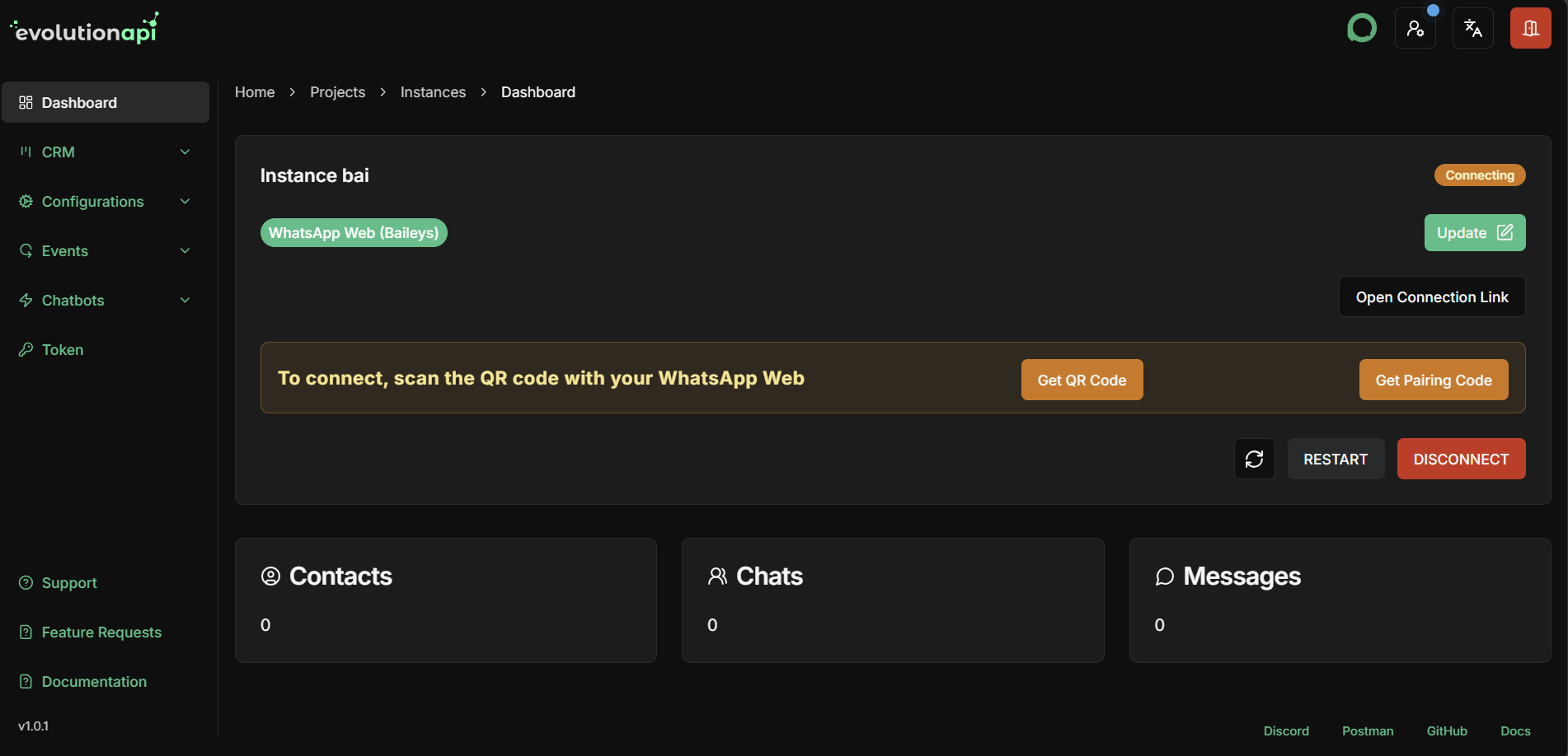 Instance dashboard interface