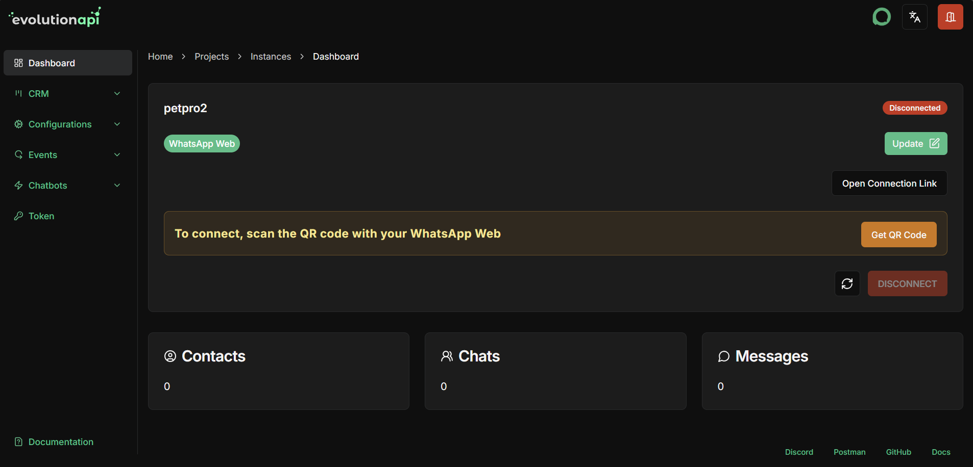 Instance dashboard interface