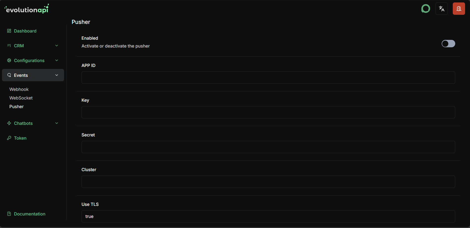 Pusher configuration interface