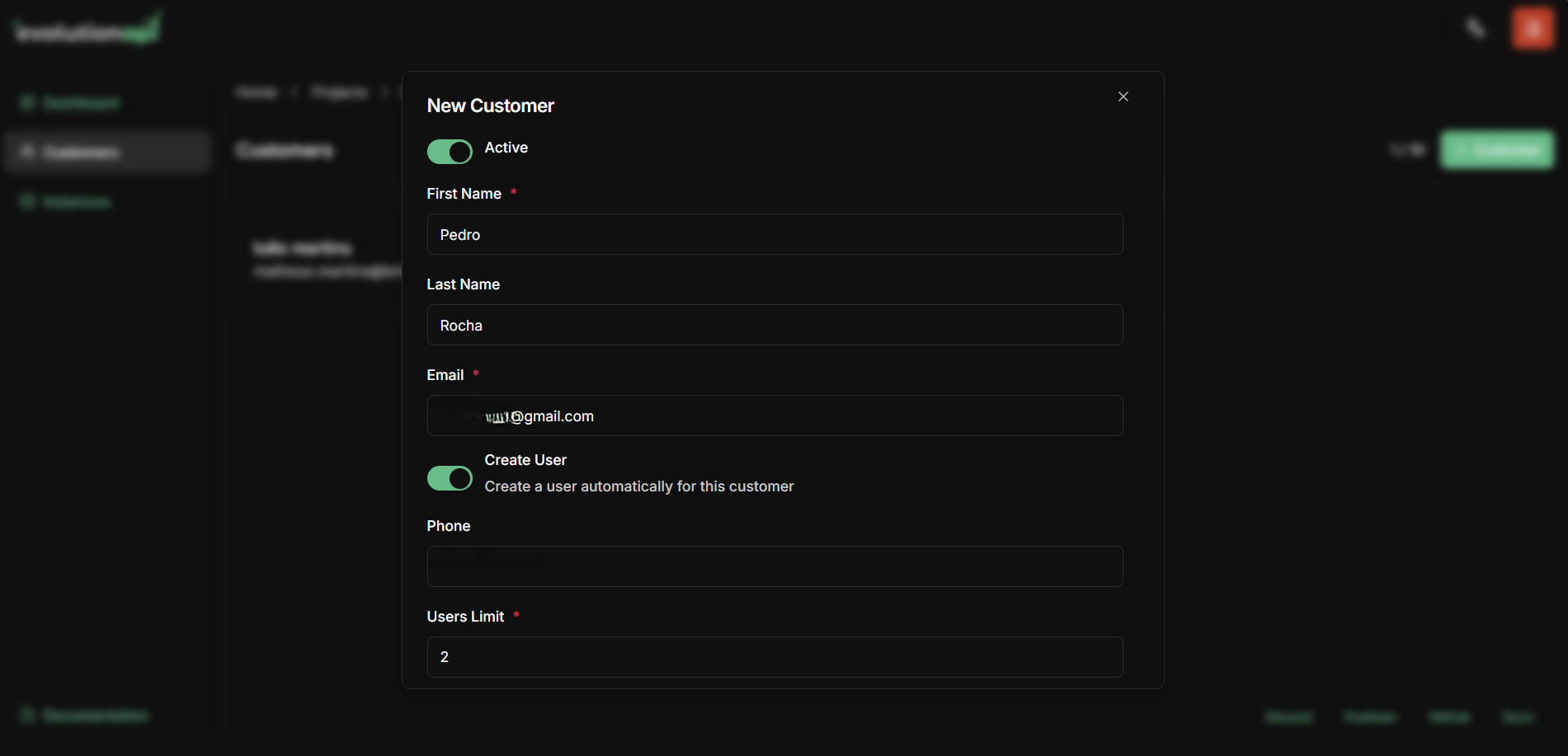 Customer creation interface