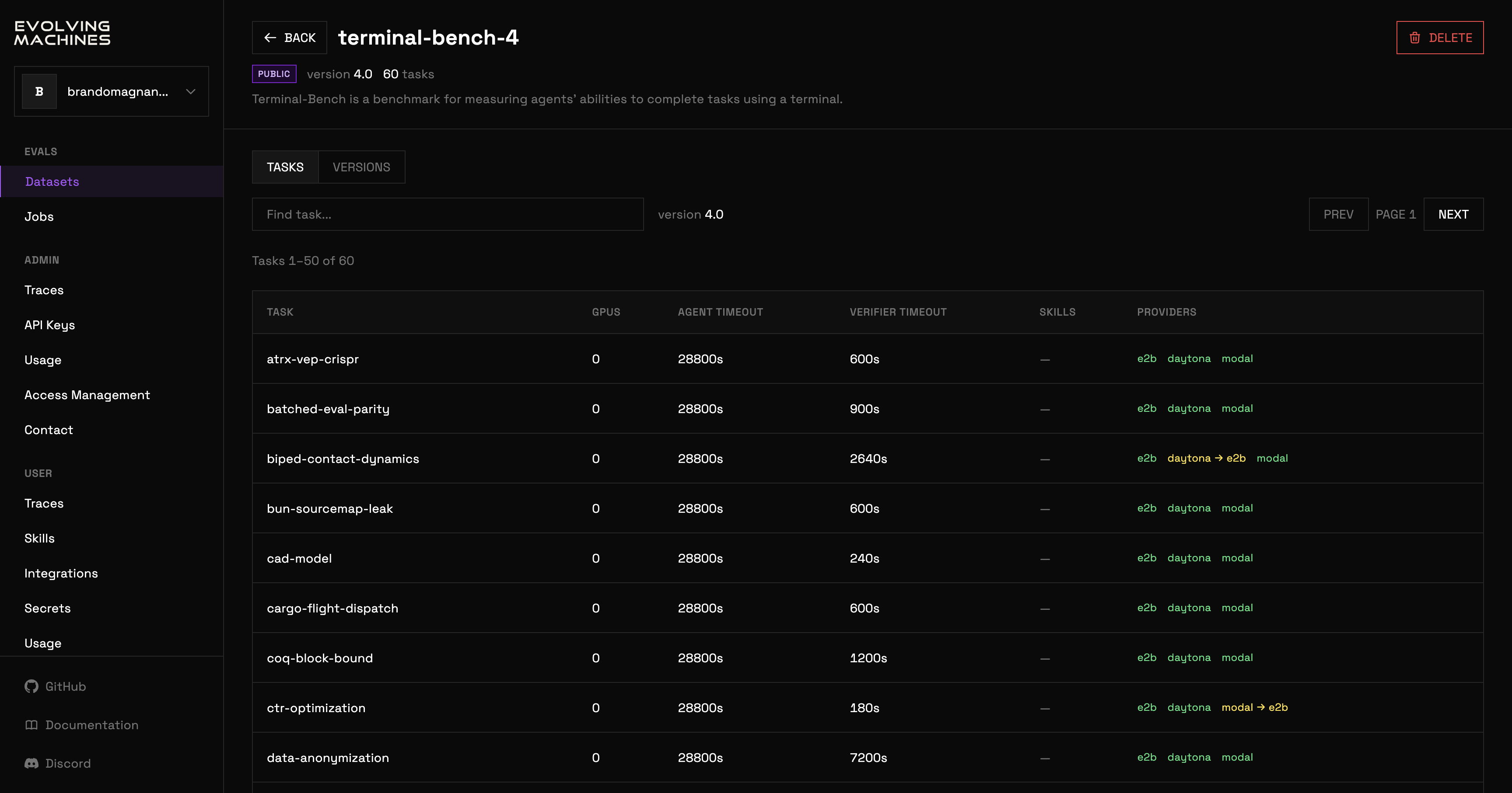 One dataset's page: the visibility, version and task count in the header, TASKS and VERSIONS tabs, and a table of tasks with GPUs, agent timeout, verifier timeout, skills and providers.