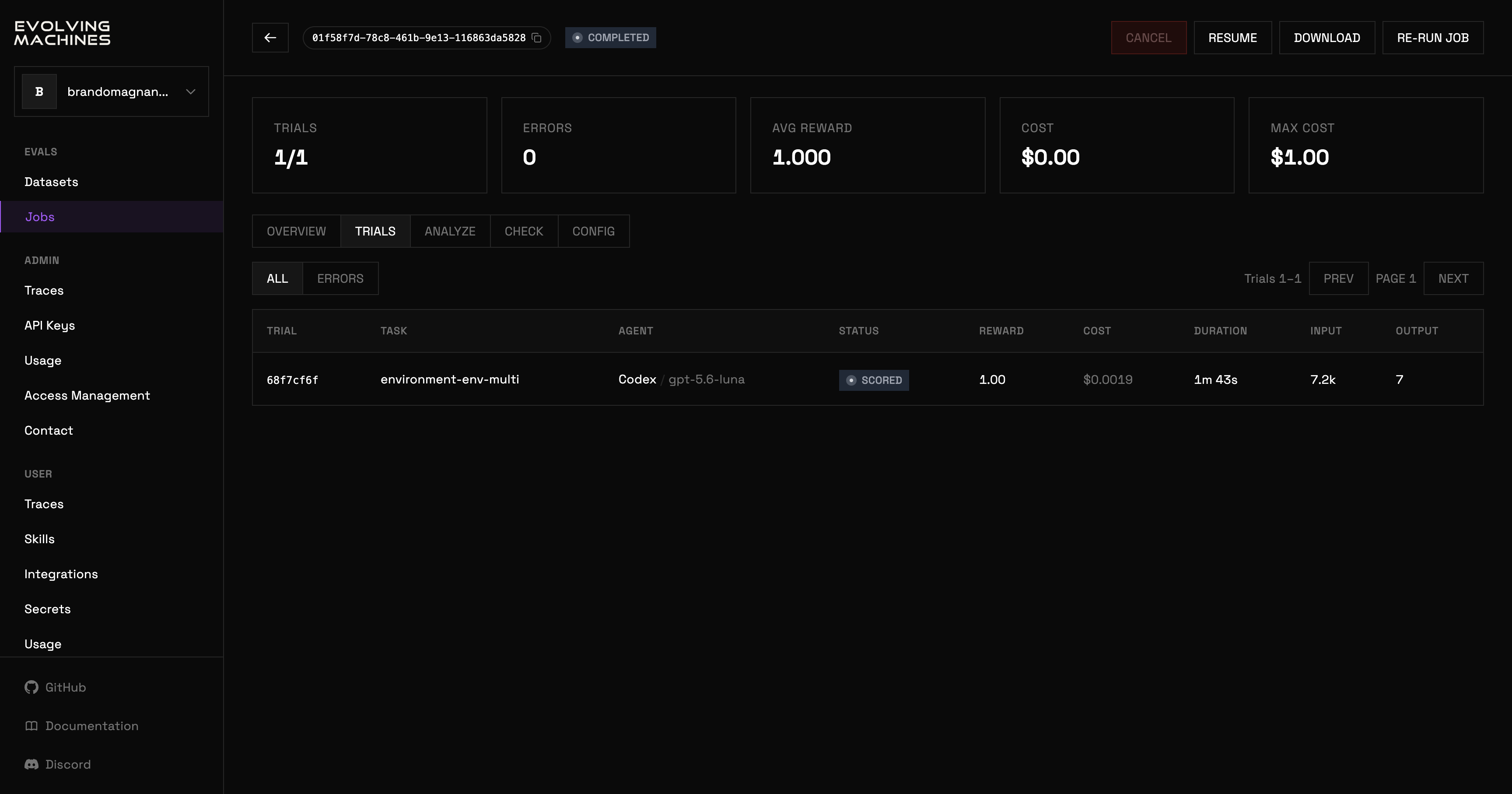 The TRIALS tab: ALL and ERRORS filters and a table of trials with task, agent, status, reward, cost, duration, input tokens and output tokens.