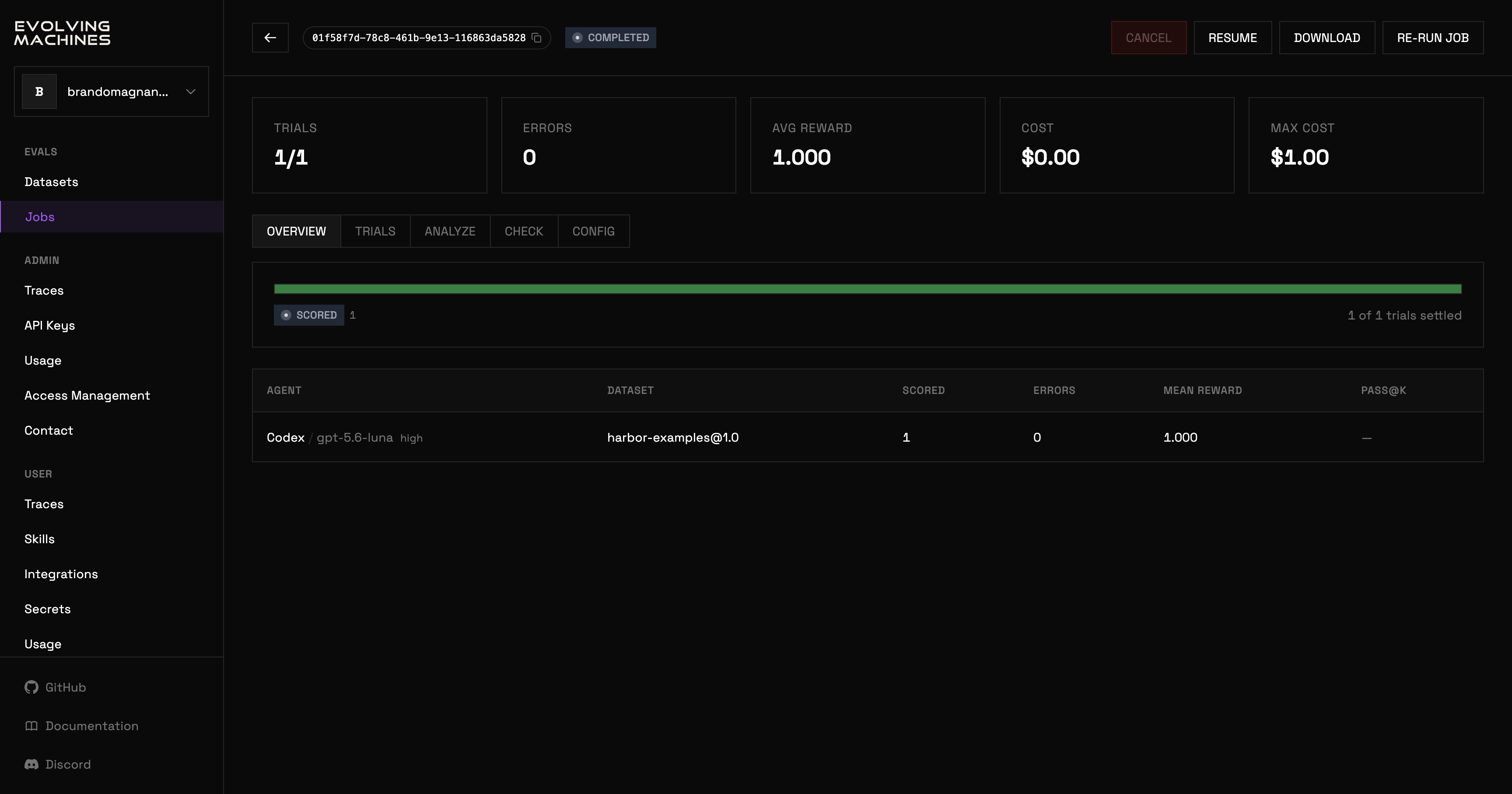 A job's page: the job id and status in the header, CANCEL, RESUME, DOWNLOAD and RE-RUN JOB buttons, tiles for trials, errors, average reward, cost and max cost, and the OVERVIEW tab with a progress bar and a per-agent table.
