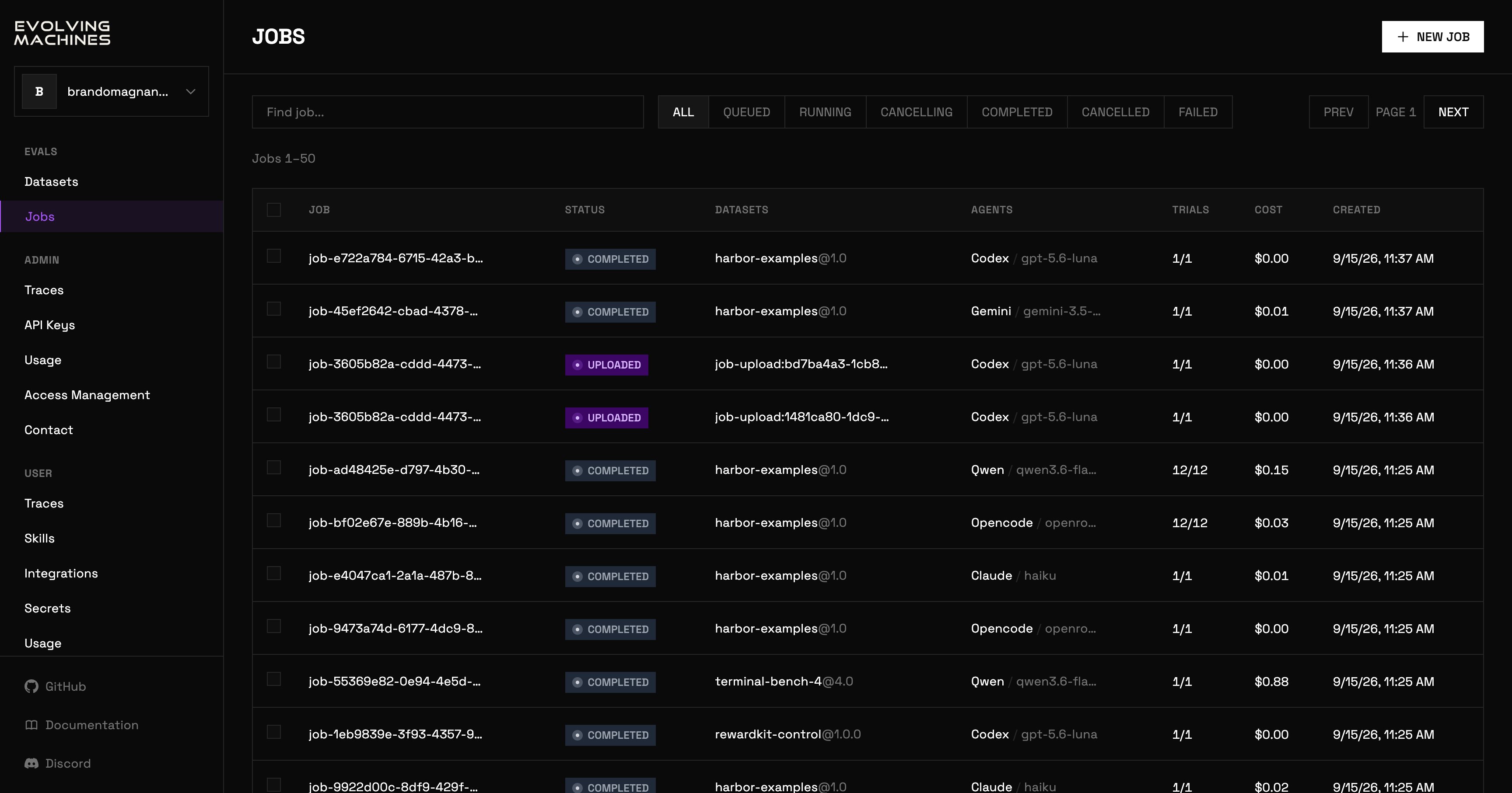 The Jobs page: a NEW JOB button, a search box, a status filter, and a table of jobs with status, datasets, agents, trials, cost and creation time.