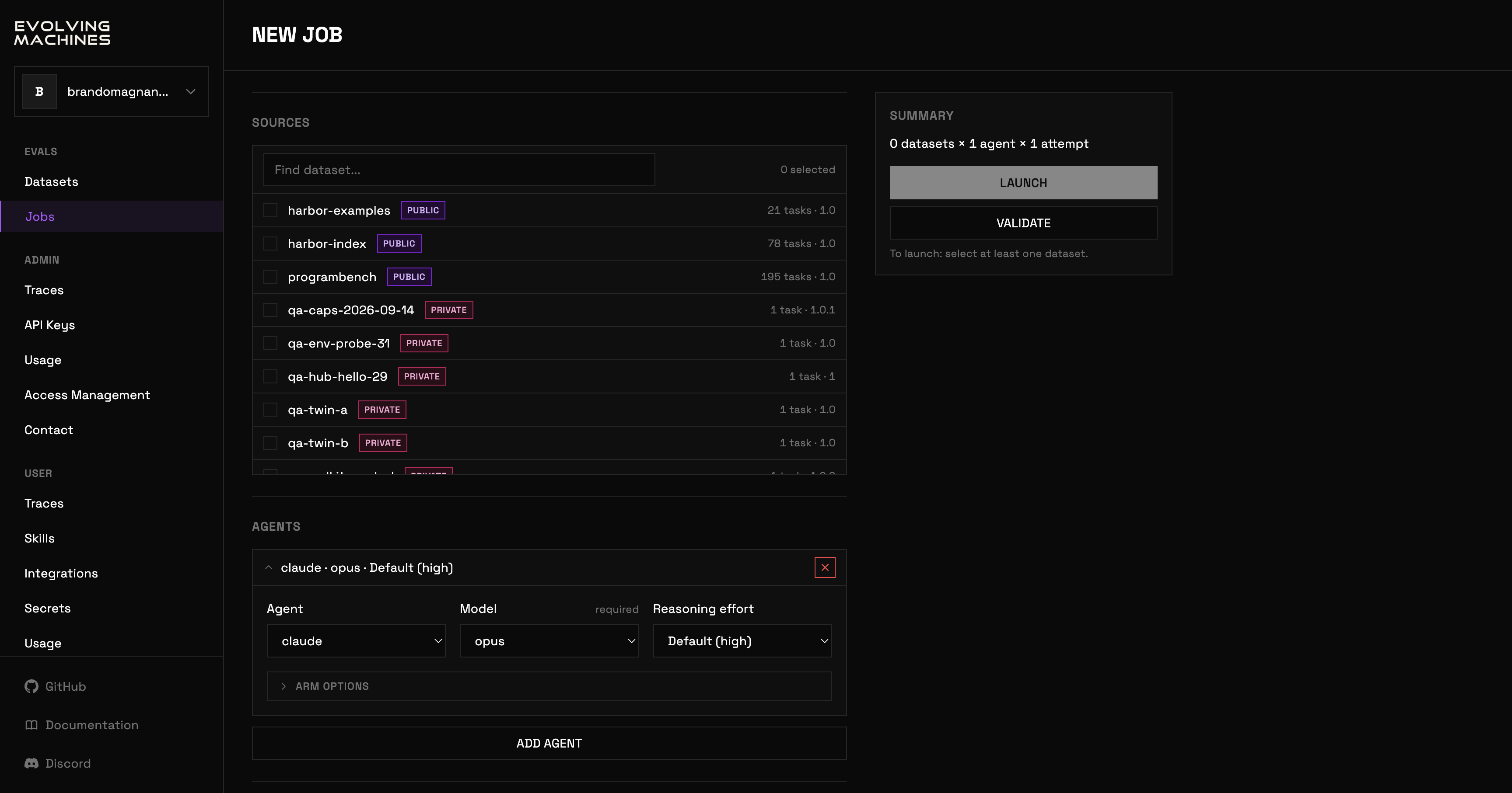 The New job form: a Sources list of datasets to tick, an Agents section with agent, model and reasoning effort, an ADD AGENT button, and a Summary rail with LAUNCH and VALIDATE buttons.