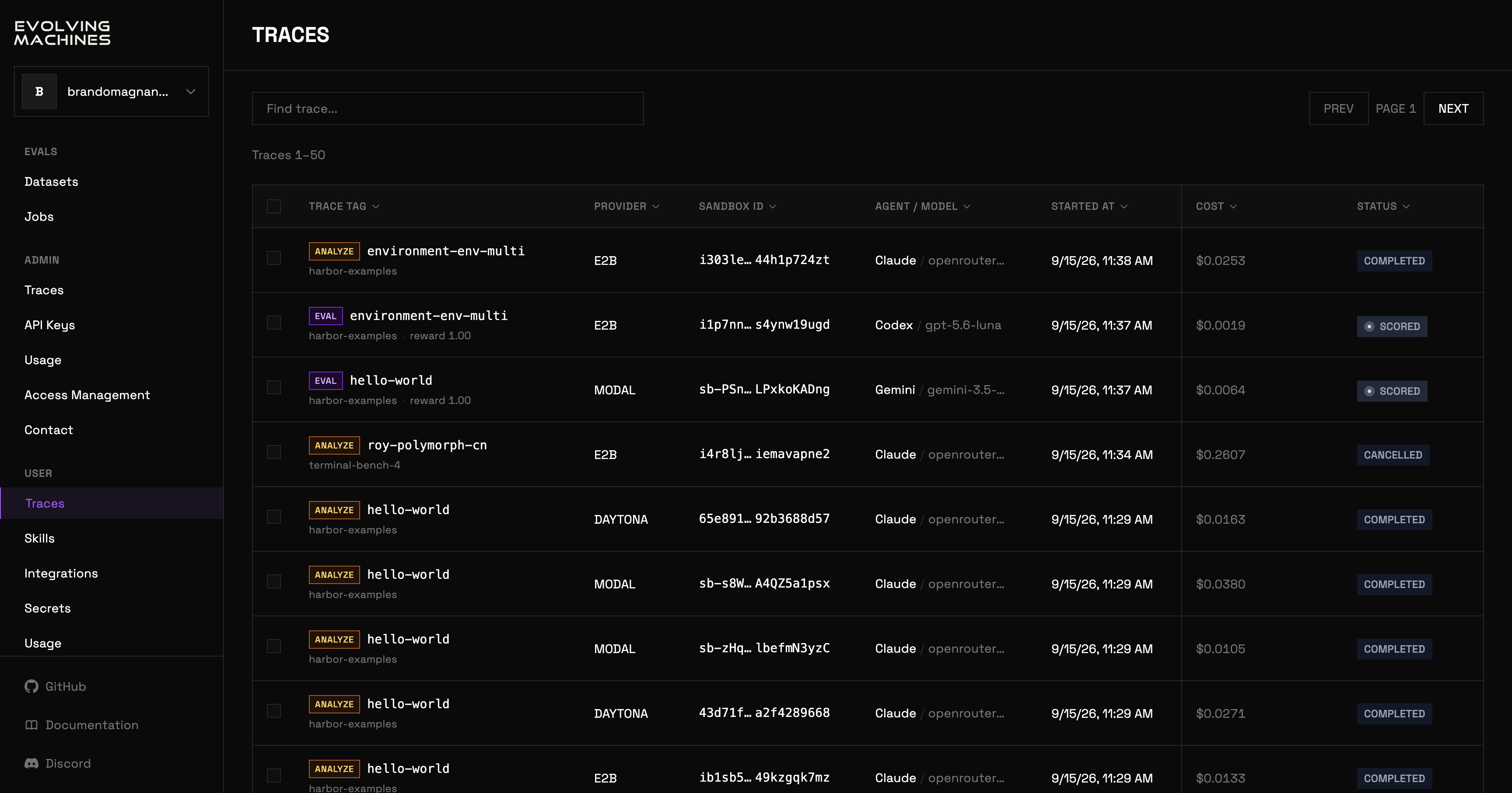 The Traces page: a search box and a table of runs with a trace tag, the sandbox provider, the sandbox id, the agent and model, the start time, the cost and the status.