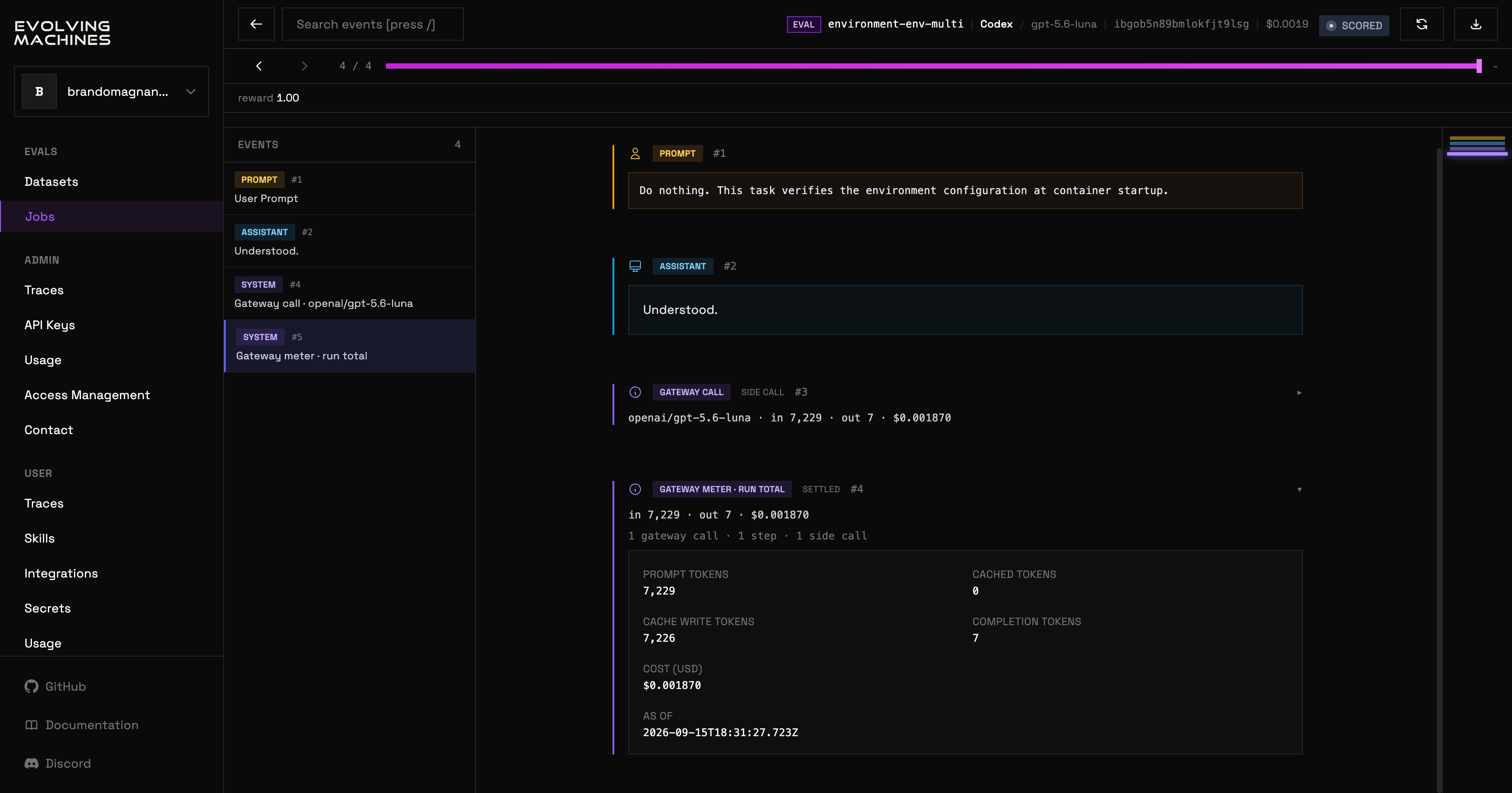 The trial viewer: a header with the task, agent, model, sandbox id, cost and status, a progress bar with previous and next event controls, an EVENTS list on the left, and the selected event's content on the right.