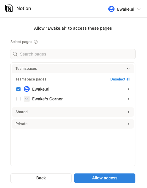 Choosing which Notion pages ewake can access