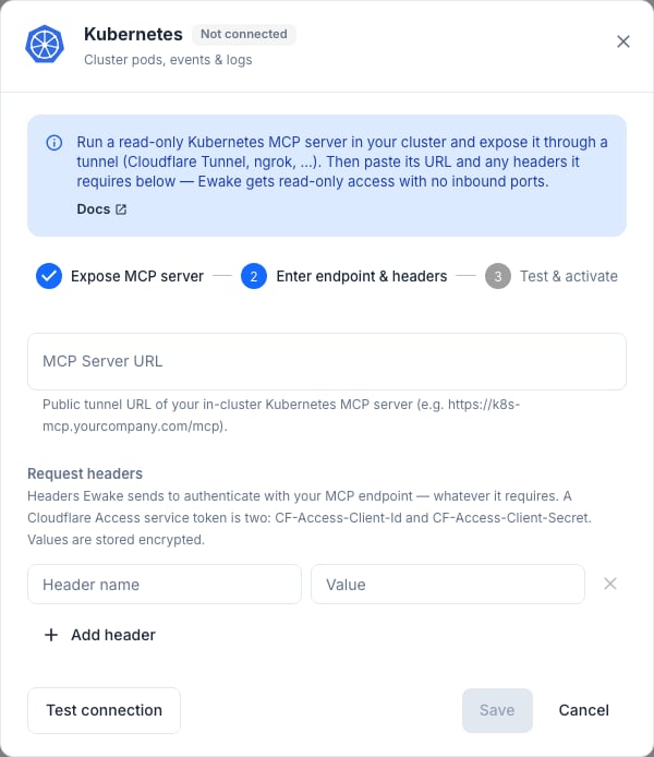 Connect to Kubernetes modal in ewake