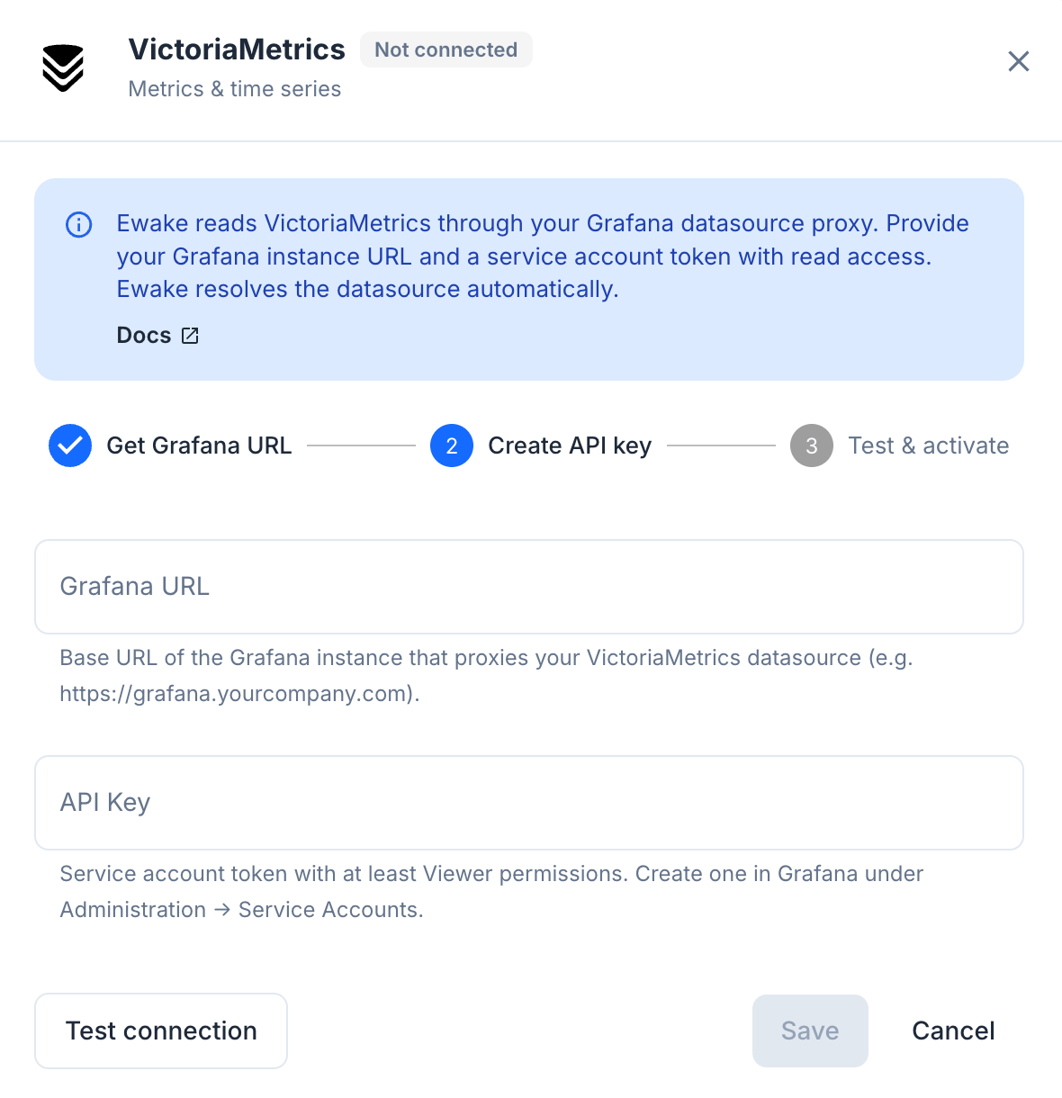 Connect to VictoriaMetrics modal in ewake
