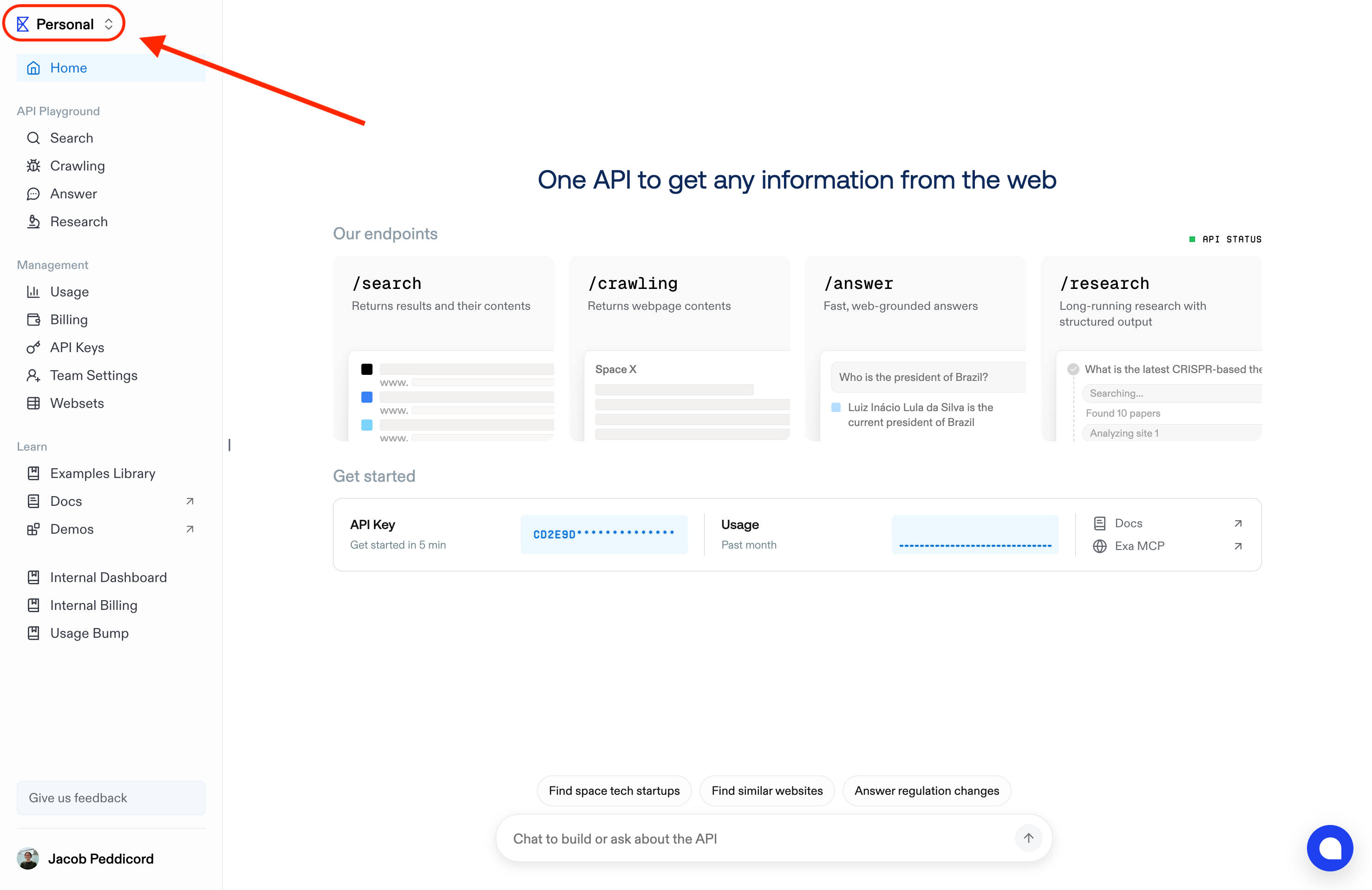Team dropdown (top-left) within the Exa dashboard under Team settings