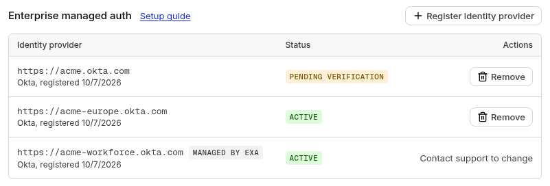 Enterprise managed auth section listing identity providers with Pending verification, Active and Managed by Exa states