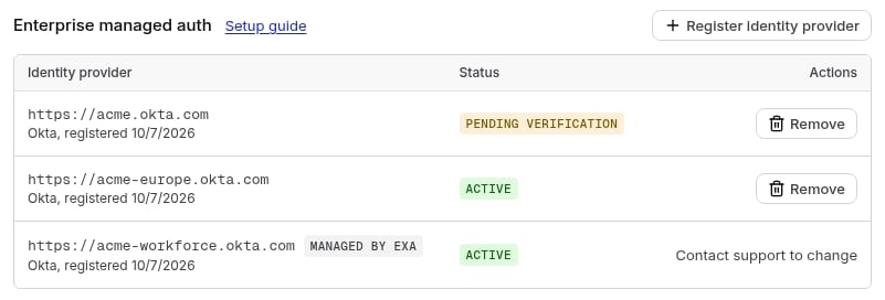 Enterprise managed auth section listing identity providers with Pending verification, Active and Managed by Exa states