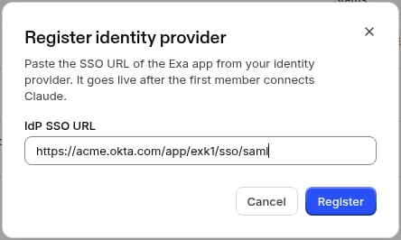Register identity provider dialog with the IdP SSO URL field