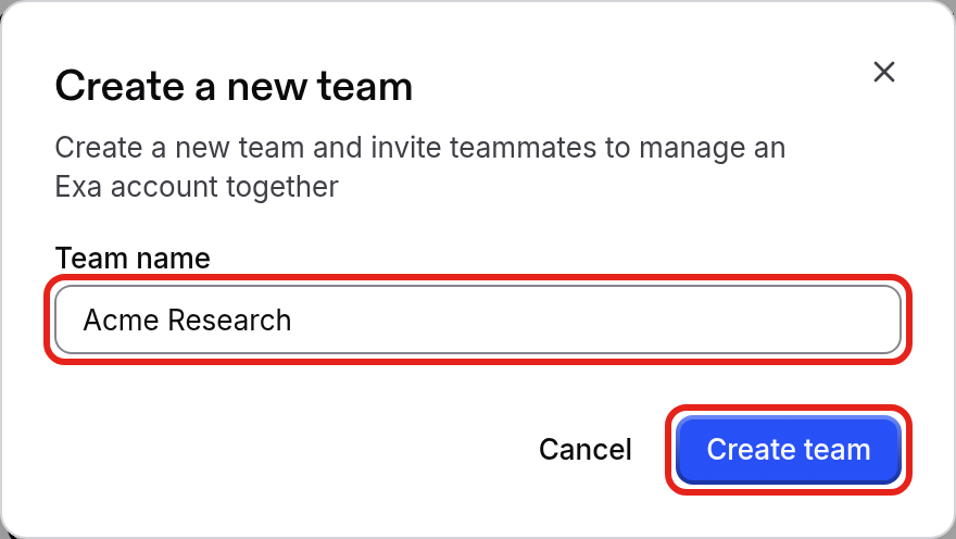 Create a new team dialog with the team name filled in