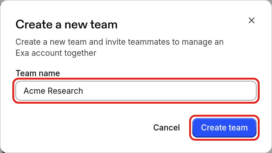 Create a new team dialog with the team name filled in
